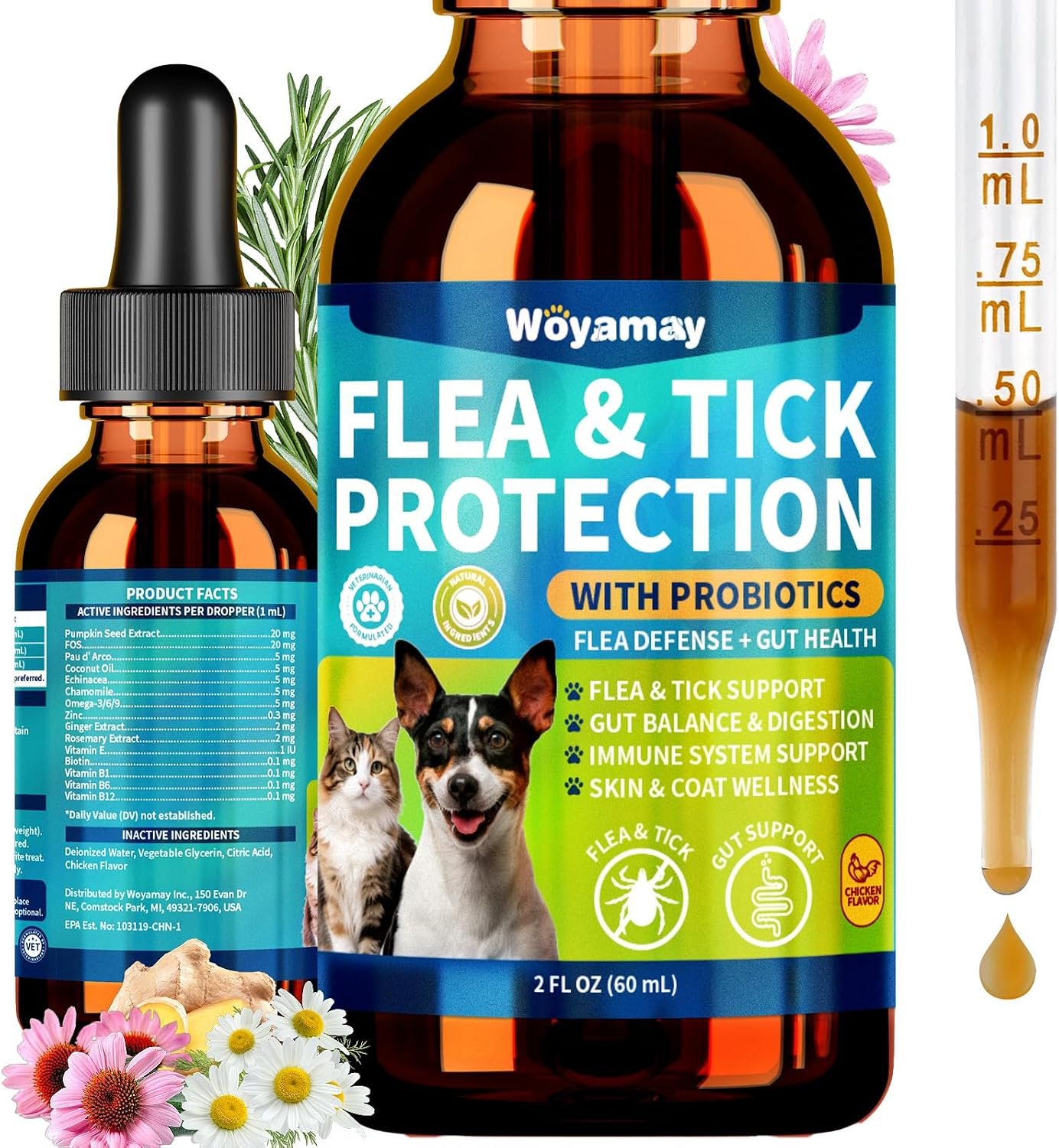 Woyamay Flea Defense + Probiotic Support Drops, Natural Flea and Tick Prevention for Dogs and Cats, Cat & Dog Flea Treatment & Probiotics Drop, Dual-Function Flea Prevention Drops, Chicken Flavor