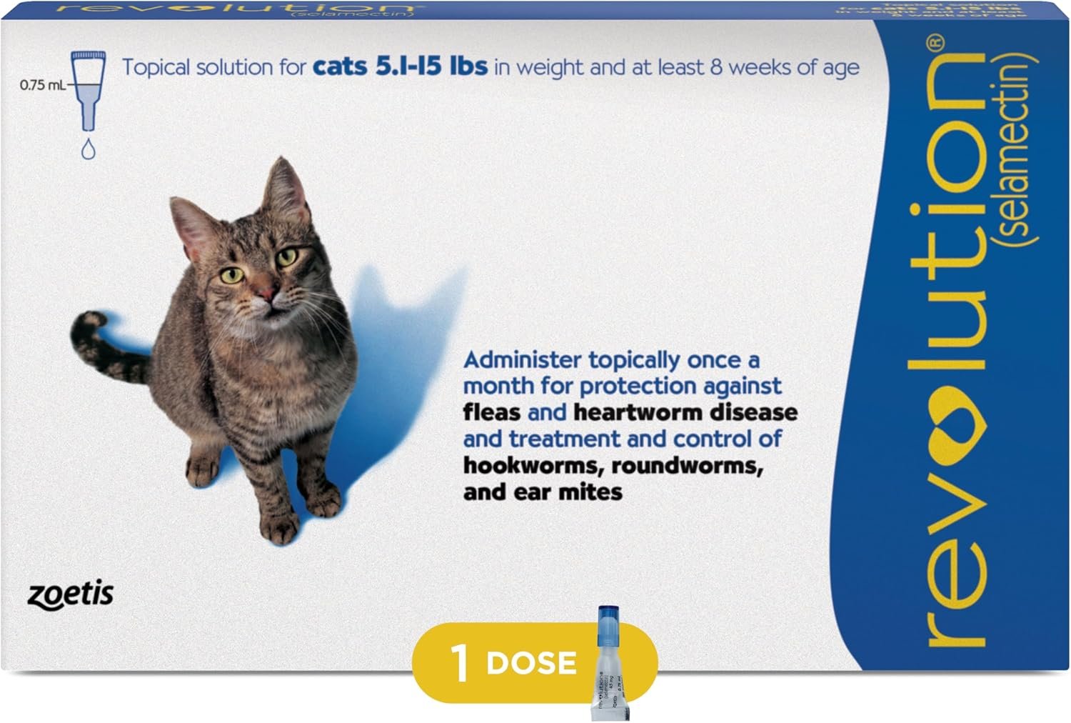 Revolution (selamectin) Topical Solution for Cats, 5.1-15 lbs (Blue), 1 Tube