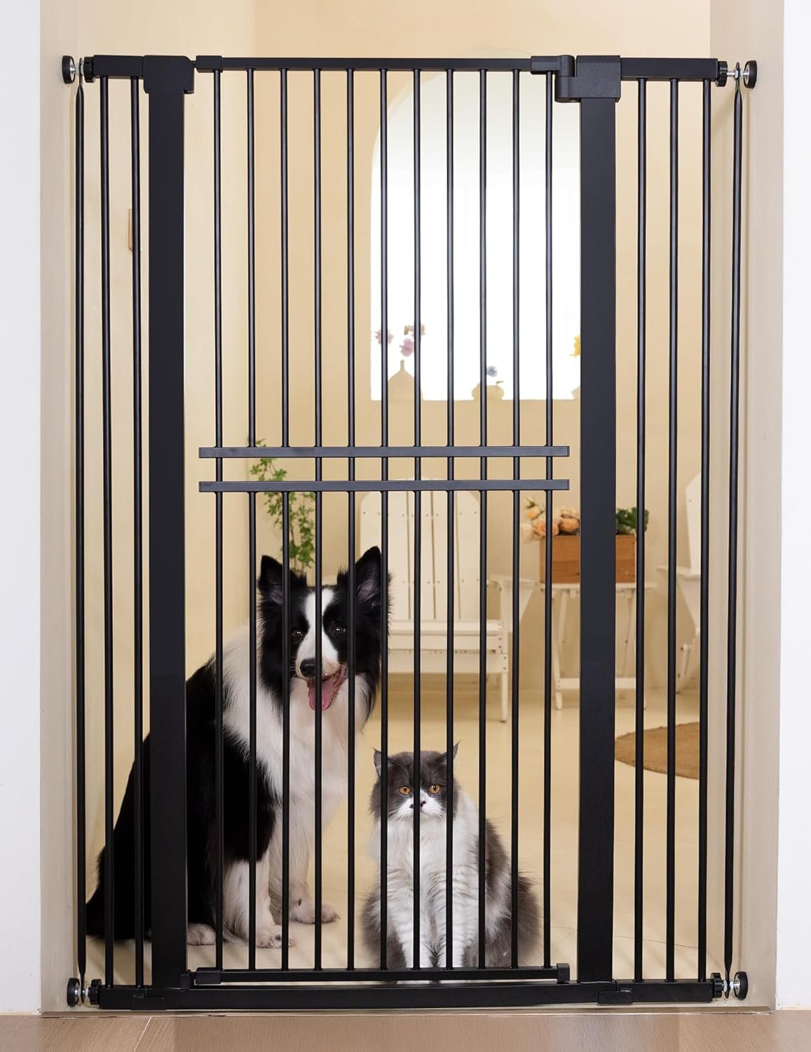 No Pawblems 55″ Extra Tall Pet Gate for Cat/Dog, 29-40″ Wide Auto Close Tall Dog Gate for Doorways/Hallways, 1.37″ Ultra Narrow Spacing, NO Drilling Pressure Mounted, Black