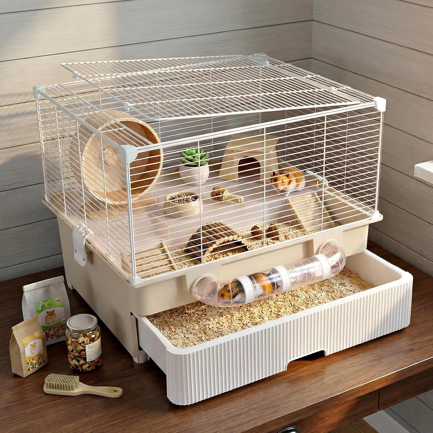 Oneluck 2 Tiers Large Hamster Cages with Accessories,Drawer-Style for Easy Cleaning,Small Animal Habitats for Syrian Hamster,Gerbil, Mice(White)
