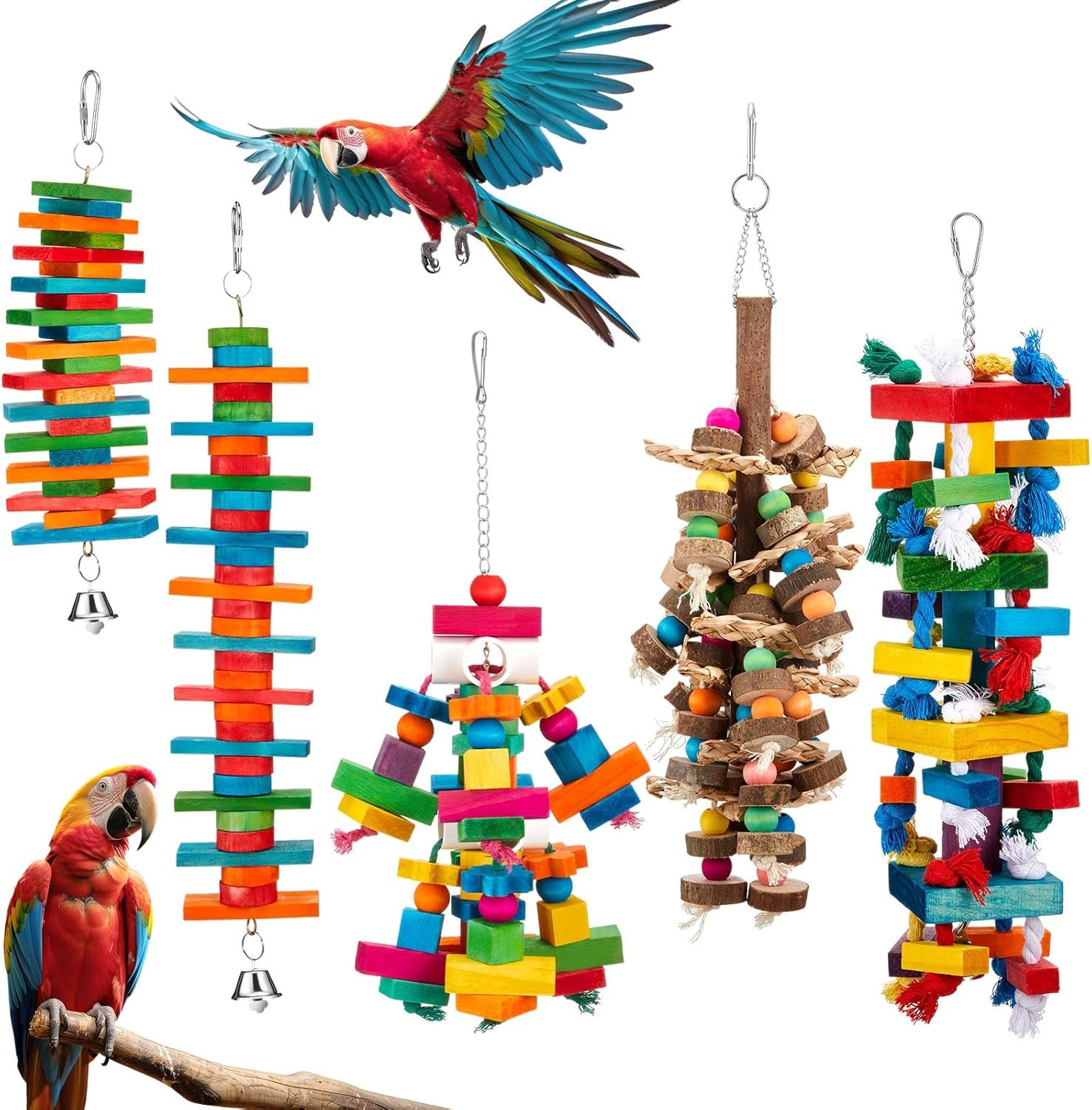 Seenelling 5 Pcs Extra Large Bird Parrot Toy Multicolored Natural Wooden Parrot Cage Chewing Toys for Large Medium Macaws Cockatoos African Grey Birds (Block and Ball)