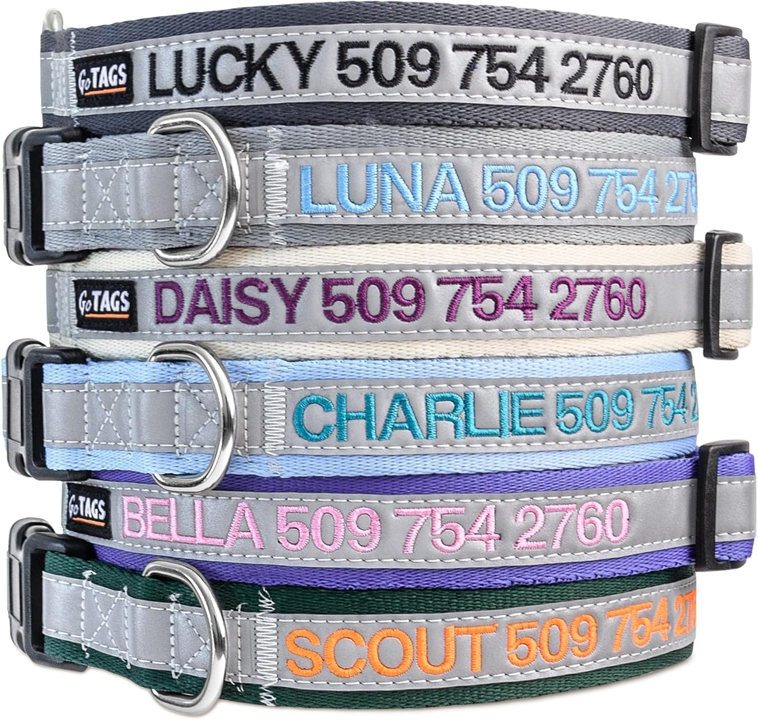 GoTags Reflective Personalized Dog Collar, Custom Embroidered with Pet Name and Phone Number in Orange for Boy and Girl Dogs, 3 Adjustable Sizes, Small, Medium, and Large