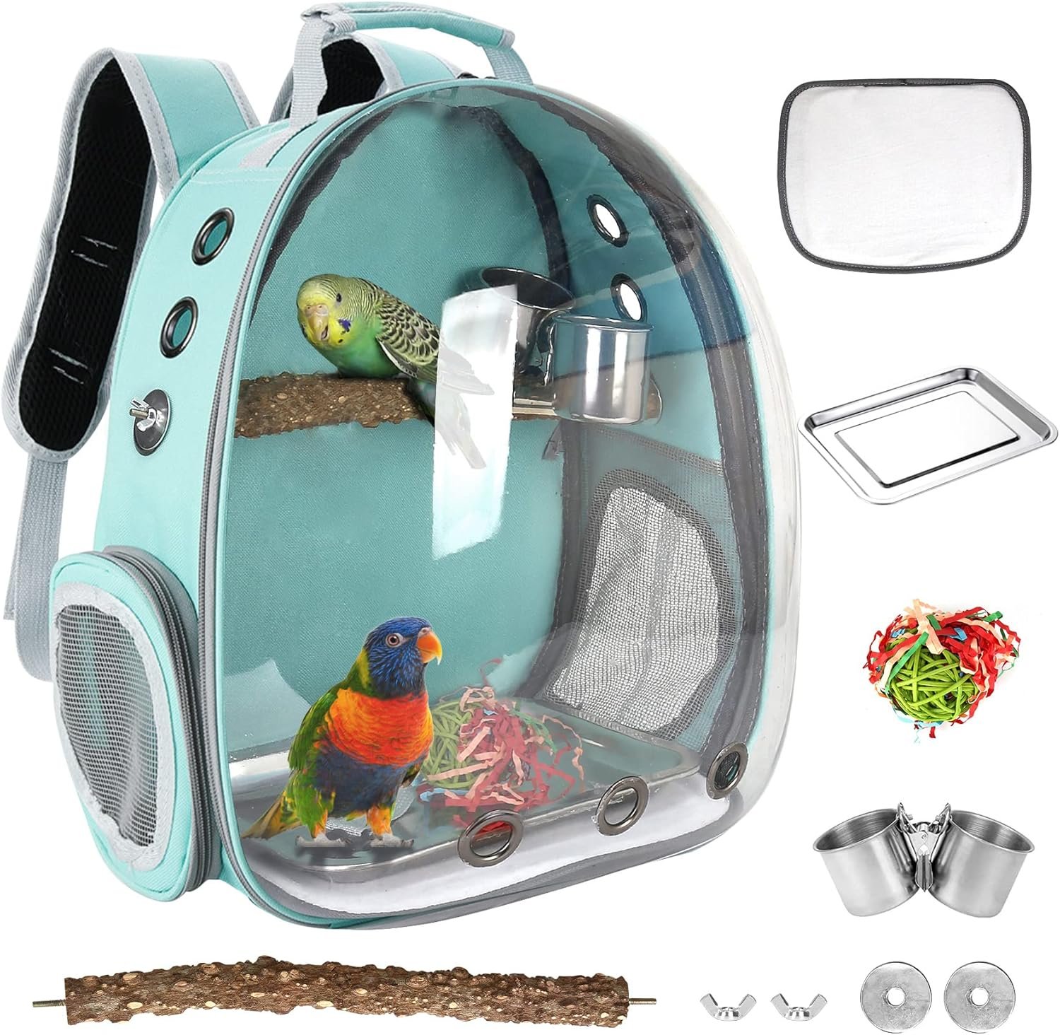 Bird Backpack, Bird Carrier Travel Cage with Perch, Portable Wildbird Carrier Bag, Parrot Parakeet Cockatiel Cage with Food Bowl & Stainless Steel Tray for Conures Budgie Canary Lovebirds Small Animal