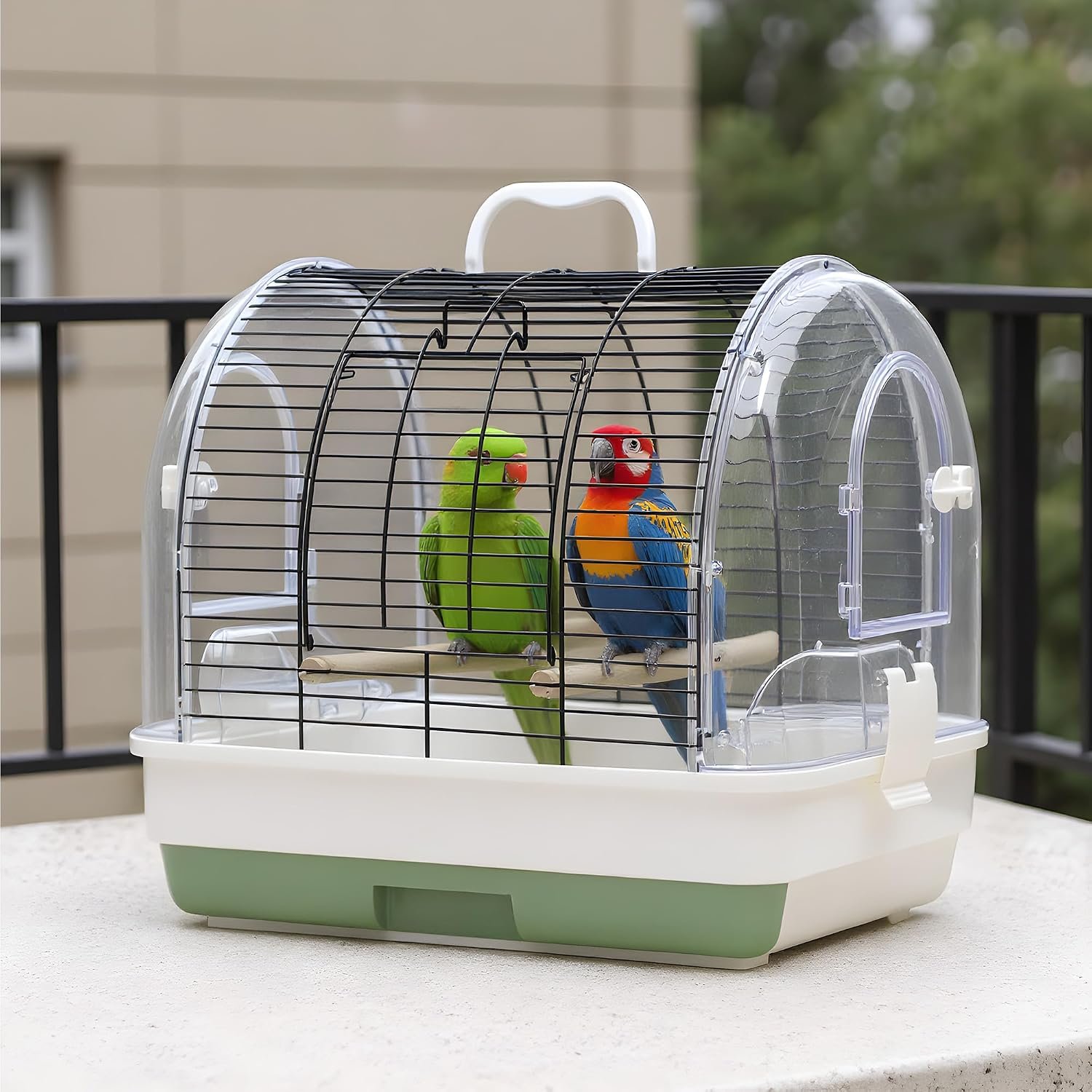 Portable Bird Cage with 2 Perches, Bird Travel Carrier with Food Bowls & Tray, Transparent Plastic Parrot Cages for Cockatiels Lovebirds Canaries Budgies