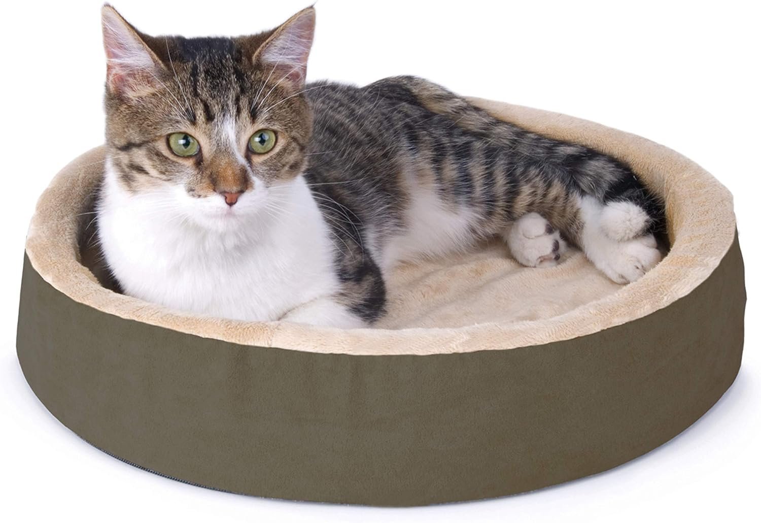 K&H Pet Products Thermo-Kitty Cuddle Up Heated Cat Beds for Indoor Cats & Dogs, Orthopedic Base Warming Pet Bed, Low Sides, Machine Washable, Removable Heated, Safety Listed – 16in Round Mocha/Tan