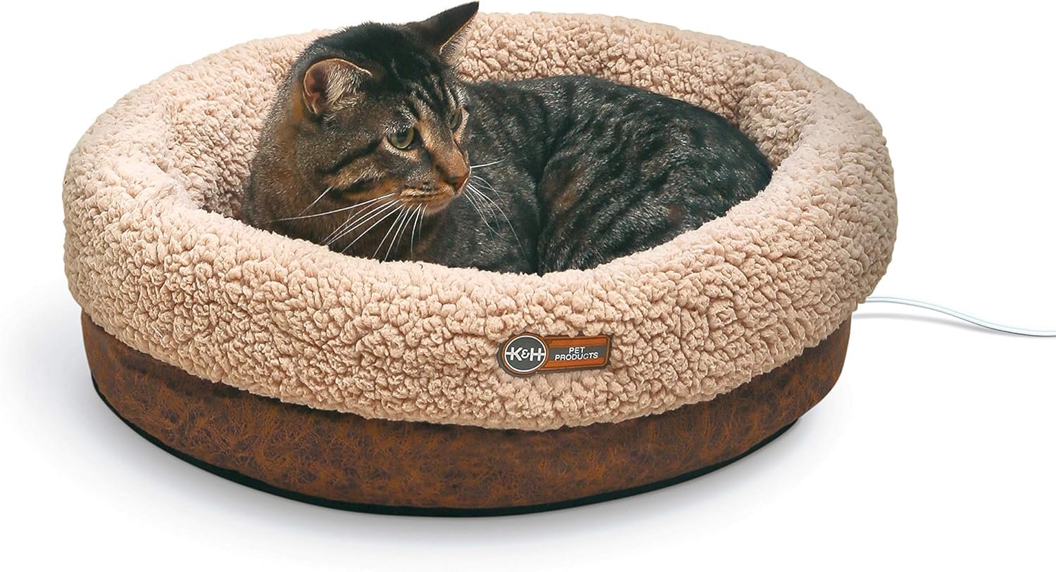 K&H Pet Products Heated Cat Bed Indoor, Thermo-Snuggle Cup Bomber Soft Heated Pet Bed for Large Indoor Cats and Small Dogs, Machine Washable, Waterproof Heated Pad, Safety Listed – 18x14in Chocolate