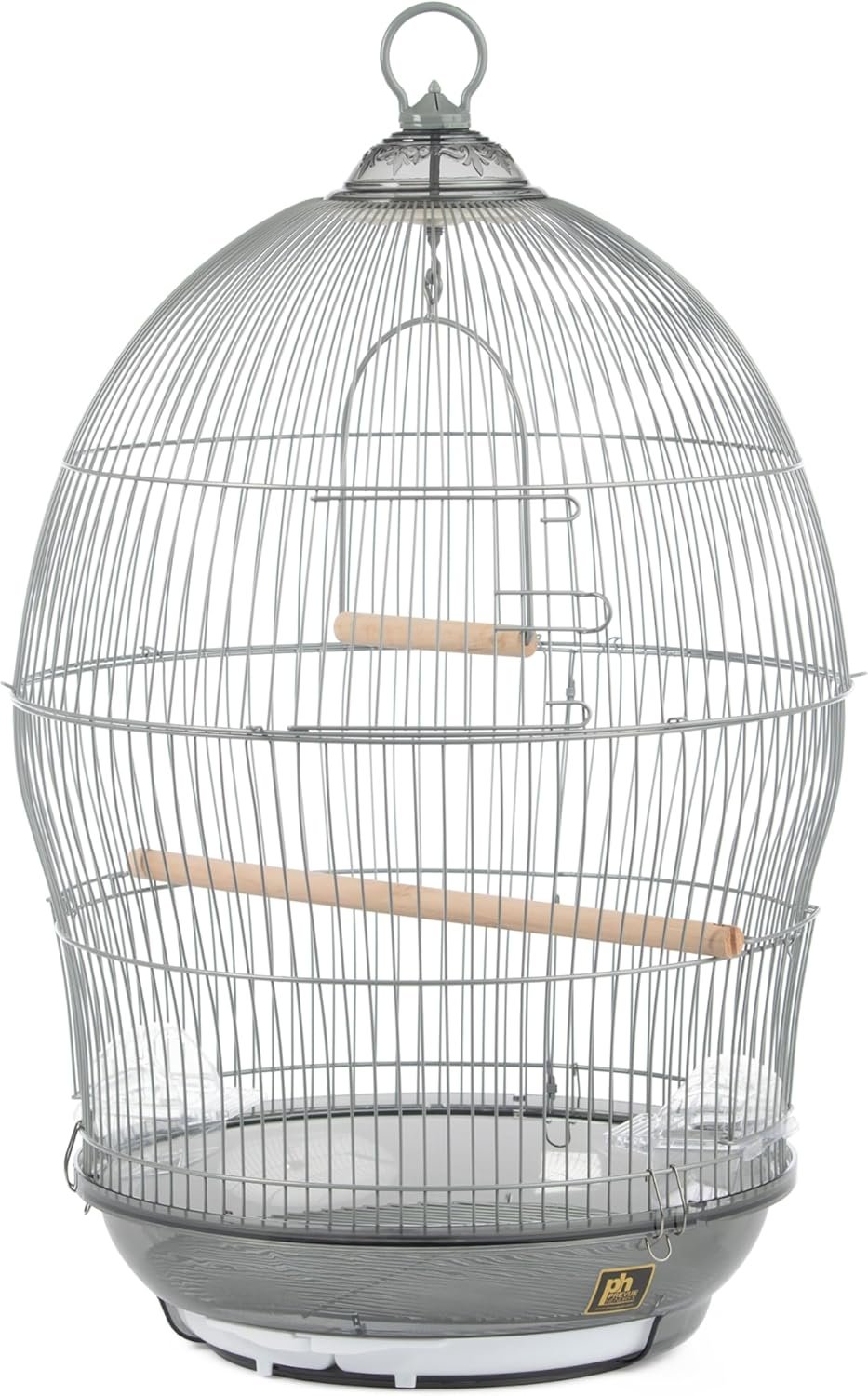 Prevue Pet Products Sonata Round Metal Birdcage – Ideal for Tabletop or Hanging Stand, for Small Birds with Food Cups, Swing, & Perch, Gate-Style Front Door, Pull Out Split Tray Design – Gray