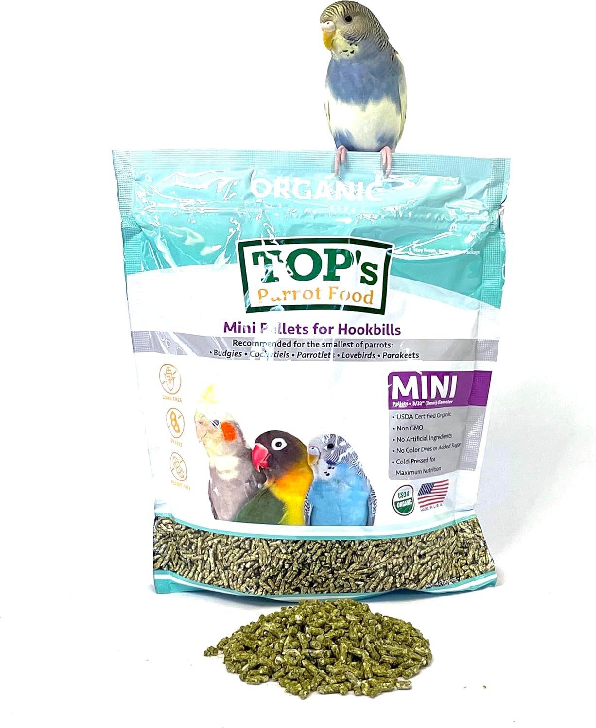 TOP’s Parrot Food Mini Pellets Bird Food for Budgies, Cockatiels, Parrotlets, Lovebirds, Parakeets – Non-GMO, Peanut Soy & Corn Free, USDA Organic Certified – 1 lb