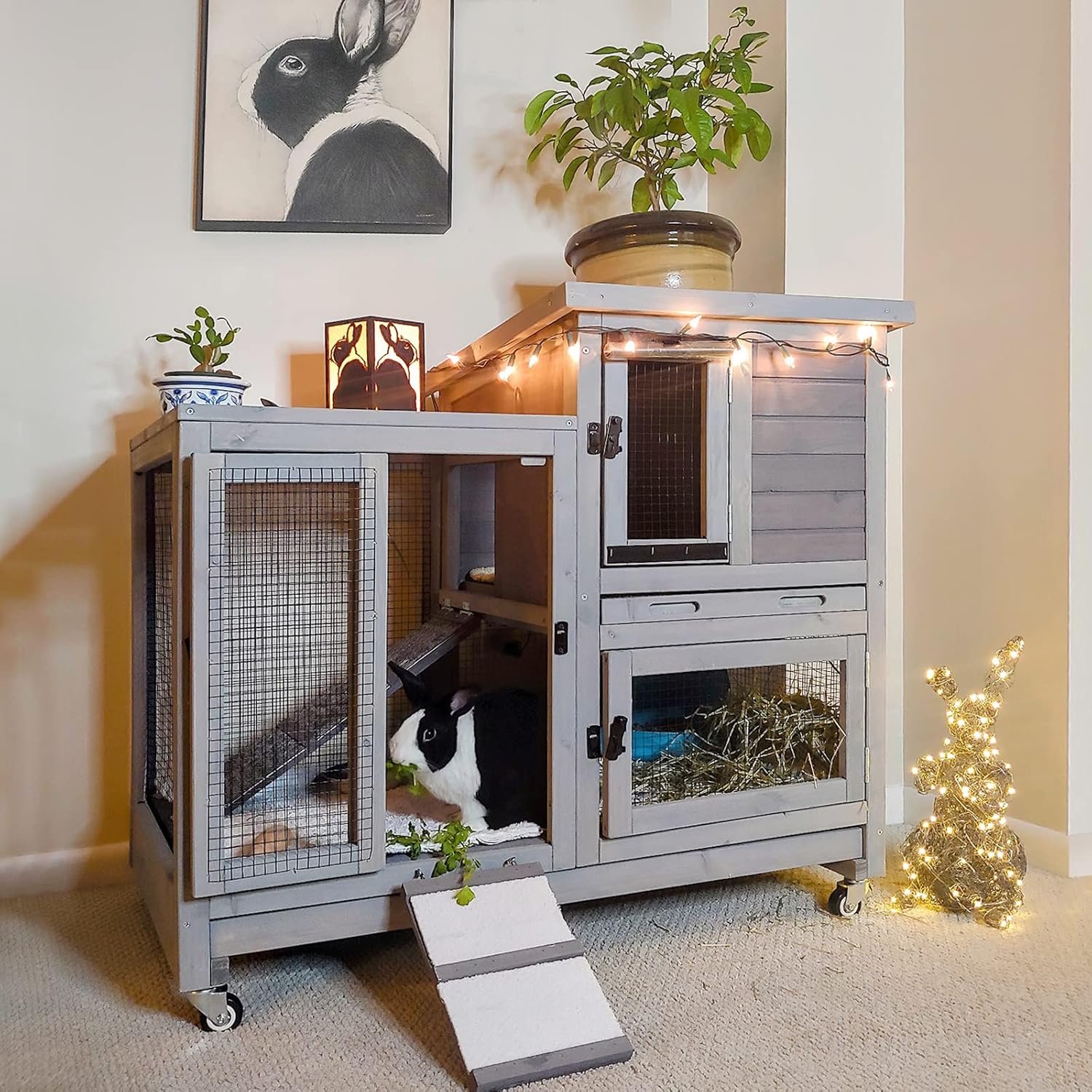 Aivituvin Rabbit Hutch Large Wooden Bunny House Guinea Pig Cages on Wheels, Two Trays, Indoor Outdoor