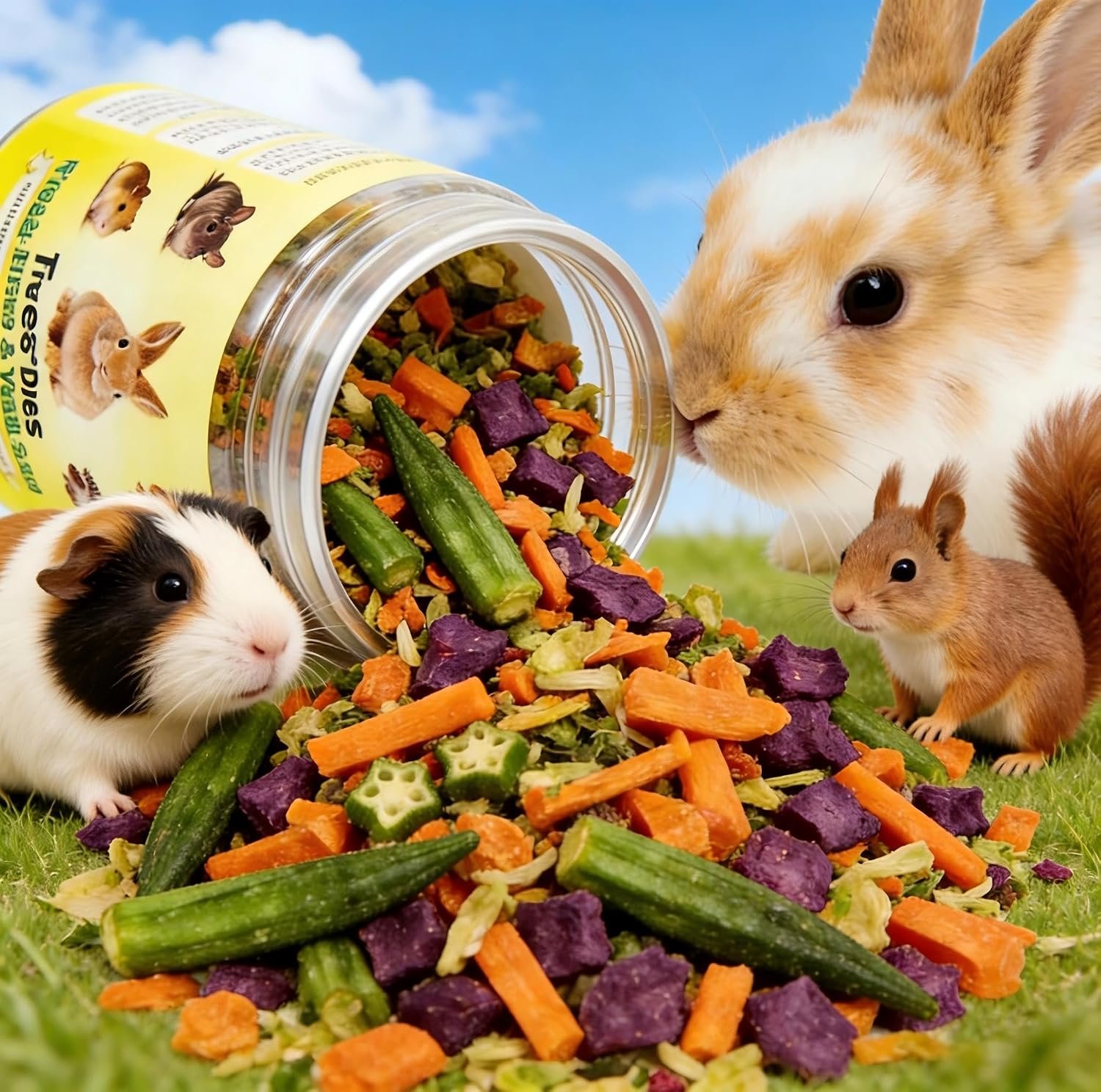 Hamster Food, Bunny Food Freeze-Dried Fruit and Vegetable Salad,Rabbit and Hamster Chew Treats Resealable Jar for Hamsters Bunny Guinea Pigs Groundhogs Natural Fiber Vitamin Snacks, 3.88oz