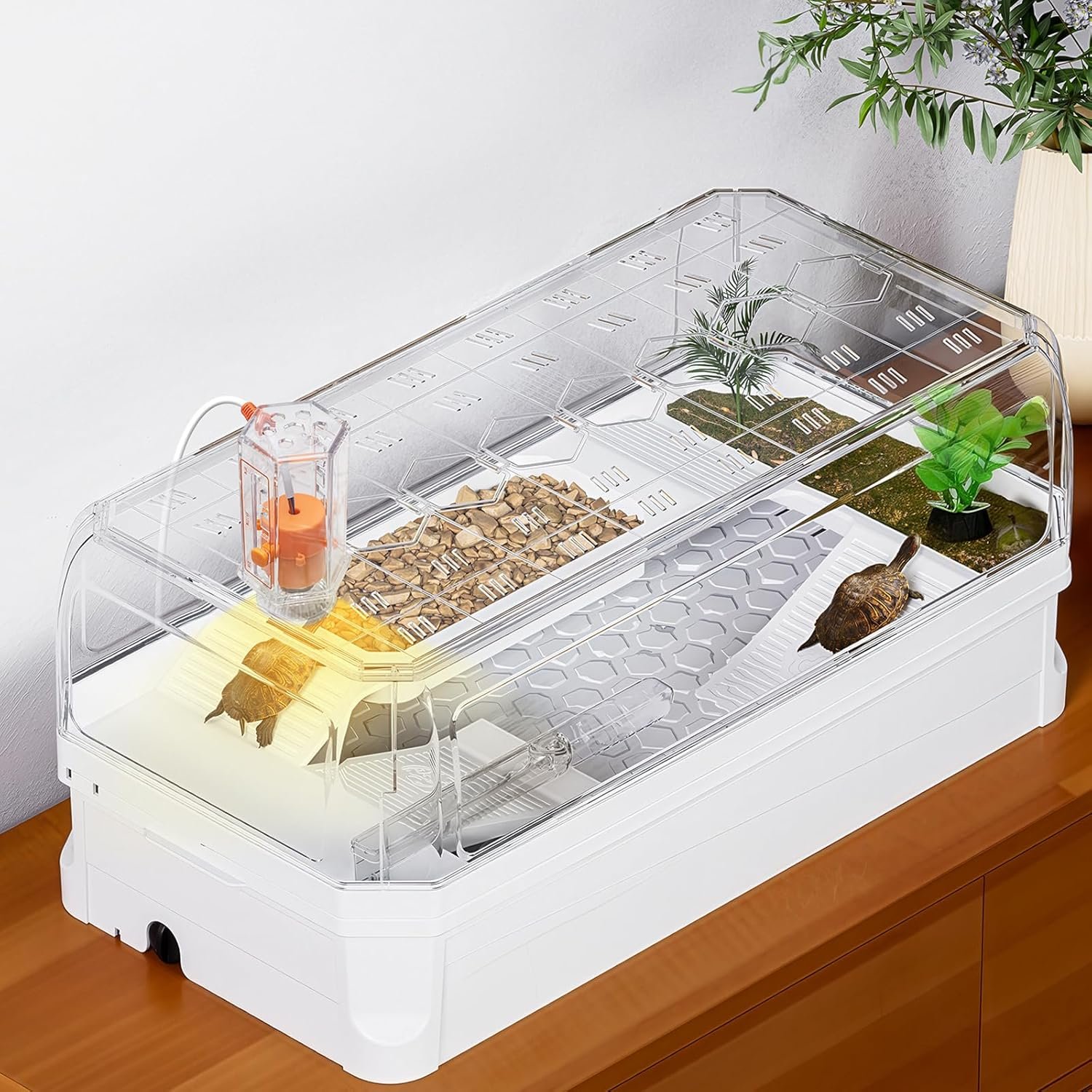 Turtle Tank Kit with Lid,Aquatic Tortoise Habitat Cage Starter Aquarium with Multi-Function Area,UV Basking Platform Light,Water Filter,Rain Shower Arm,Plant,Stone,Enclosure Red Eared Slider