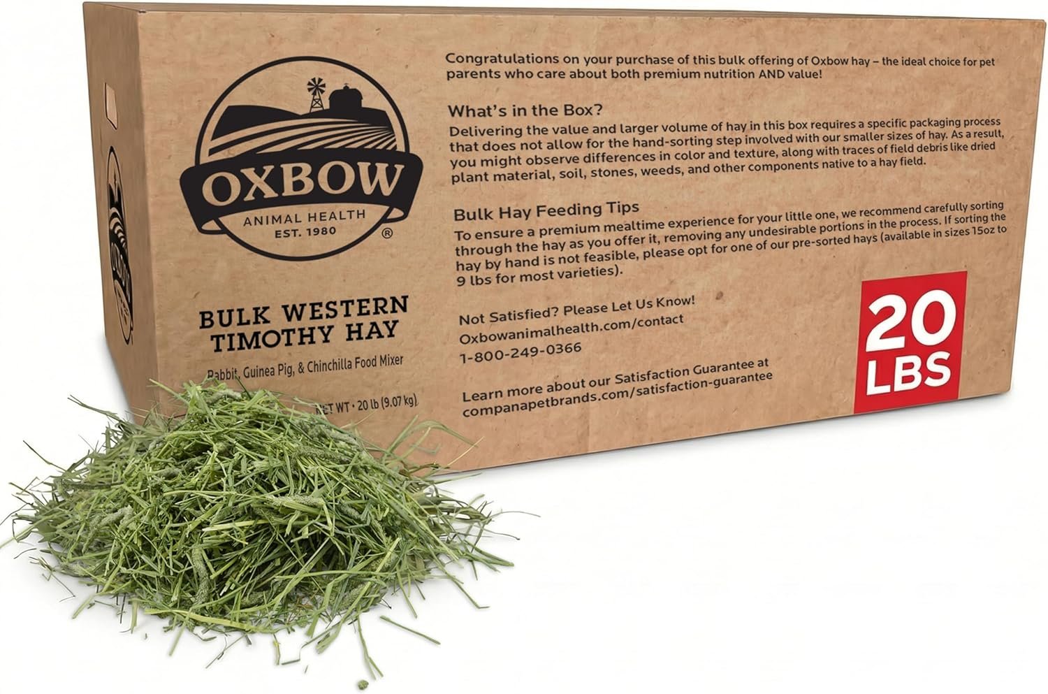 Oxbow Timothy Hay, Rabbit & Guinea Pig Hay, High Fiber for Digestive Health, Grown in The USA, Veterinarian Recommended Small Pet Supplies, Bulk Food for Rabbits, Guinea Pigs, & Chinchillas, 20 lbs