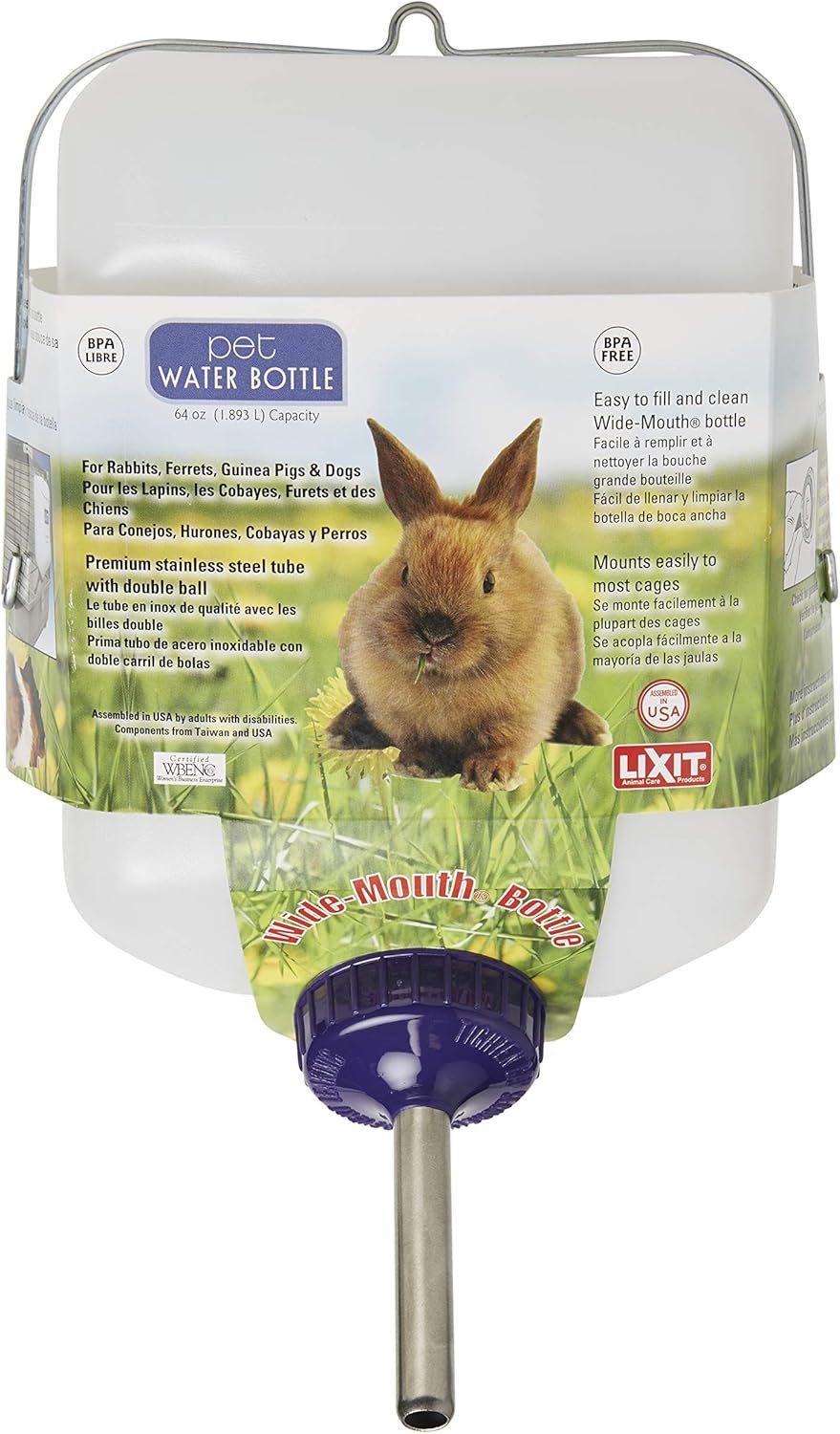 Lixit® All-Weather Rabbit Water Bottle – 64 Ounce Widemouth Cage Water Bottles for Rabbits, Ferrets, Guinea Pigs, Rats, and Other Small Animals (White, 64 Ounce)