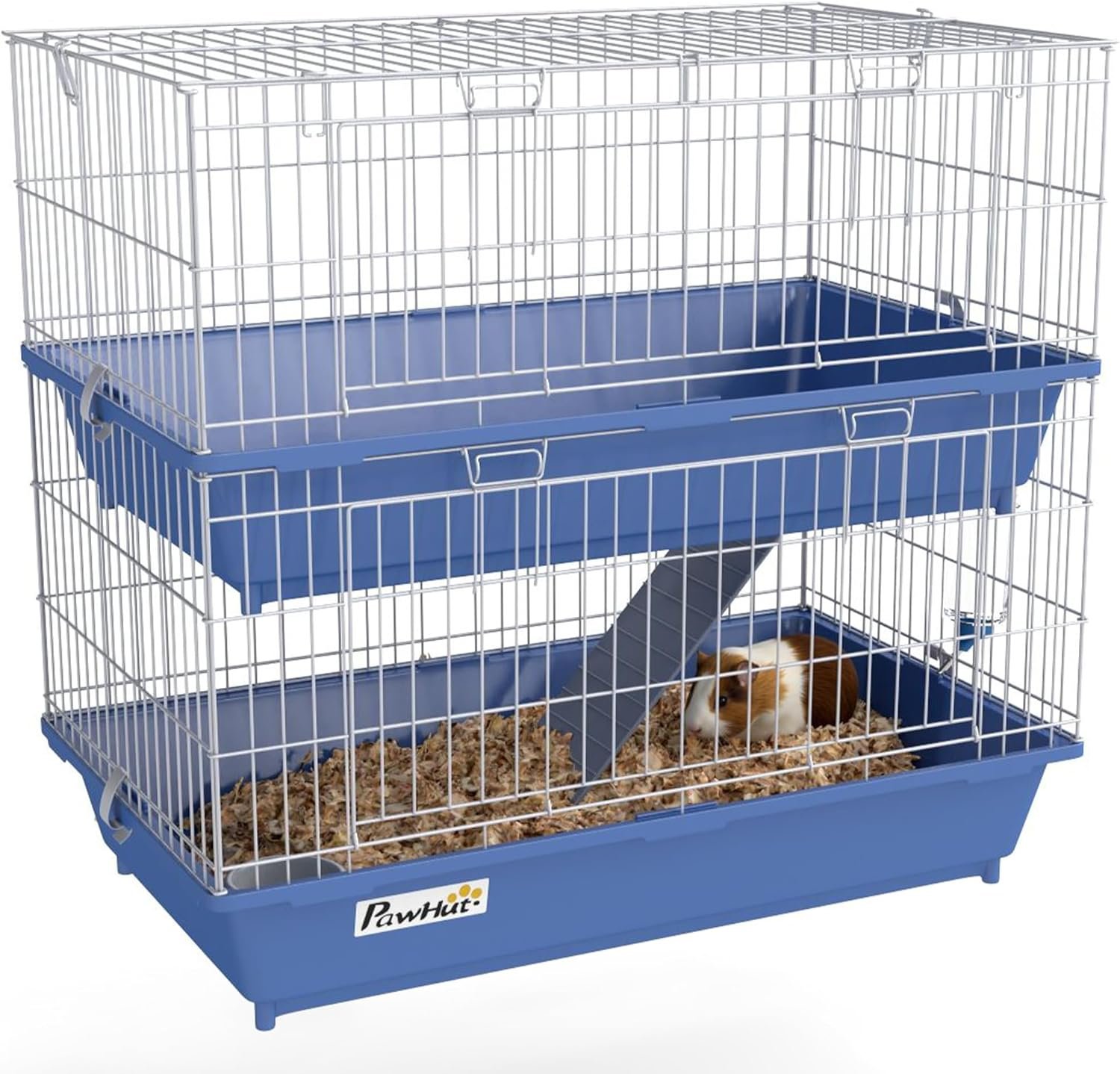 PawHut 2-Tier Guinea Pig Cage, Ferret Cage, Chinchilla Cage, Small Animal Cage Indoor with Dish and Bottle, 2 Doors, Deep Bottoms, Ramp, 28″, Blue