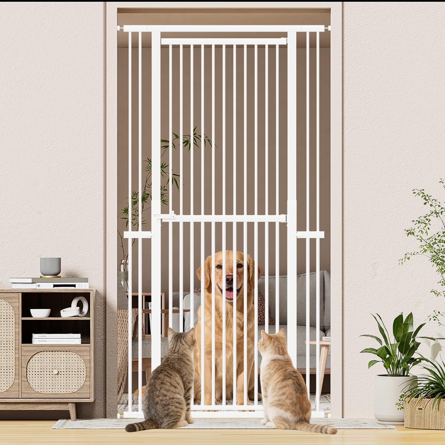 Snuowu 51″-87″ Extra Tall Pet Gate for Cats, 29.5″-40.5″ Wide Pressure Mounted No-Drilling Safety Dog Gate, Metal Walk-Thru Barrier for Doorways, Stairs, Kitchens, White