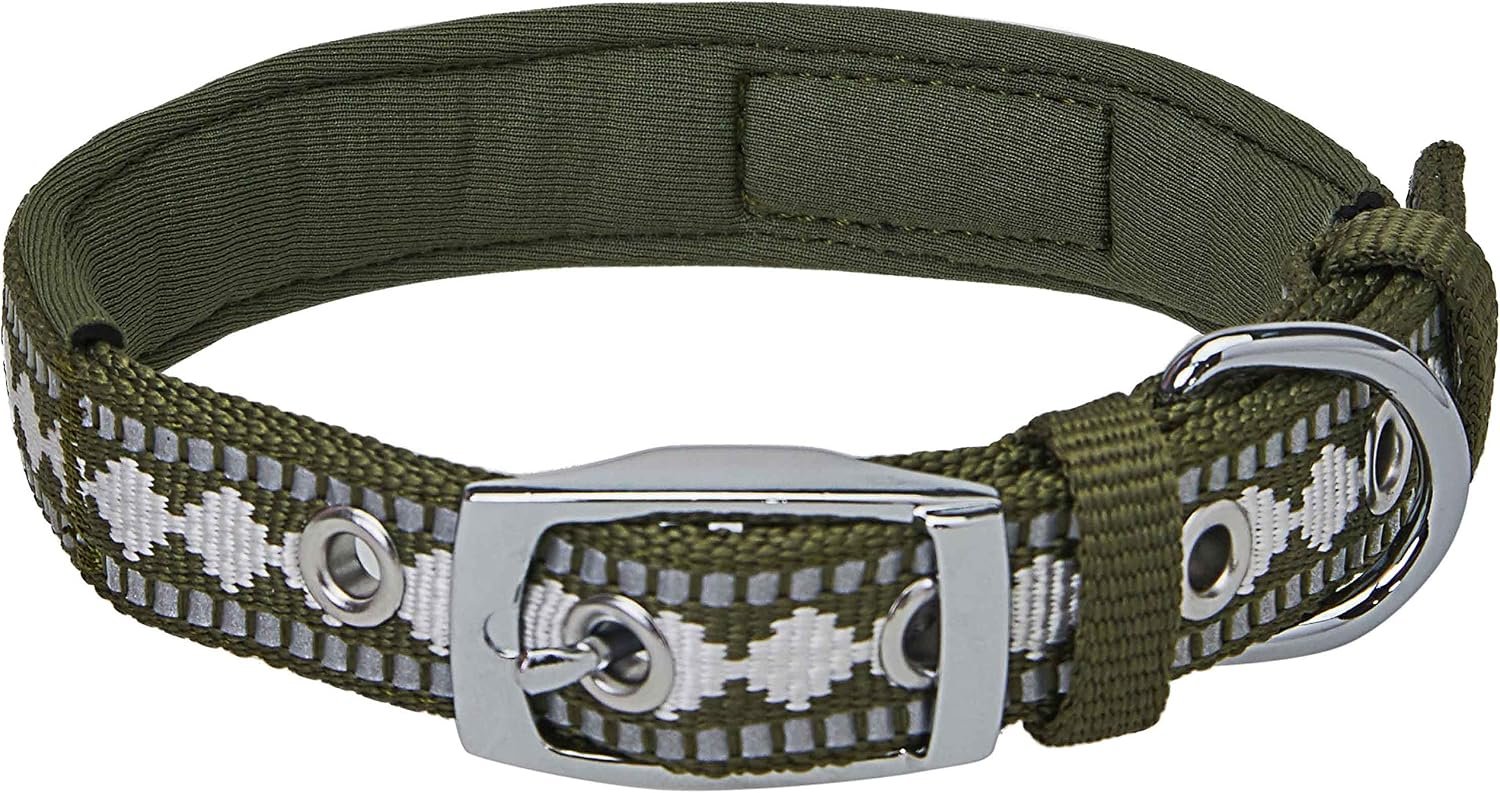 Blueberry Pet Reflective Jacquard Dog Collar with Neoprene Padding & Metal Buckle | Soft & Adjustable Safety Collar – Olive, Neck 13-16.5″, for Medium Breed