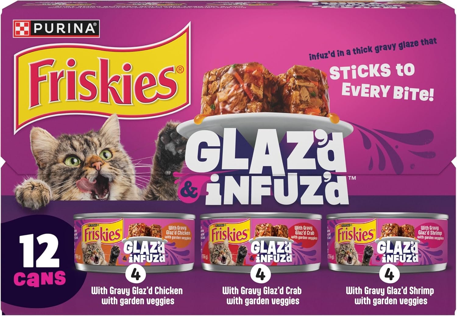 Purina Friskies Glaz’d and Infuz’d Wet Cat Food Variety Pack with Chicken, Crab or Shrimp in Wet Cat Food Gravy – 5.5 Ounce (Pack of 12)