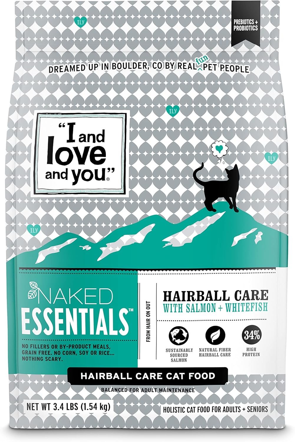 I AND LOVE AND YOU Naked Essentials Dry Cat Food – Salmon + Whitefish for Hairball Care – Grain Free, Real Meat, No Fillers, 3.4lb Bag