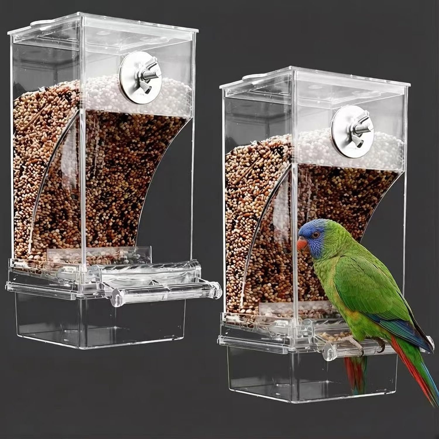No Mess Bird Feeder for Cage, Automatic No-Spill Transparent Parrot Feeder Acrylic Cockatiel Seed Feeders with PerchParakeet Food Container Cage Accessories for Small Medium Cockatoo Finch