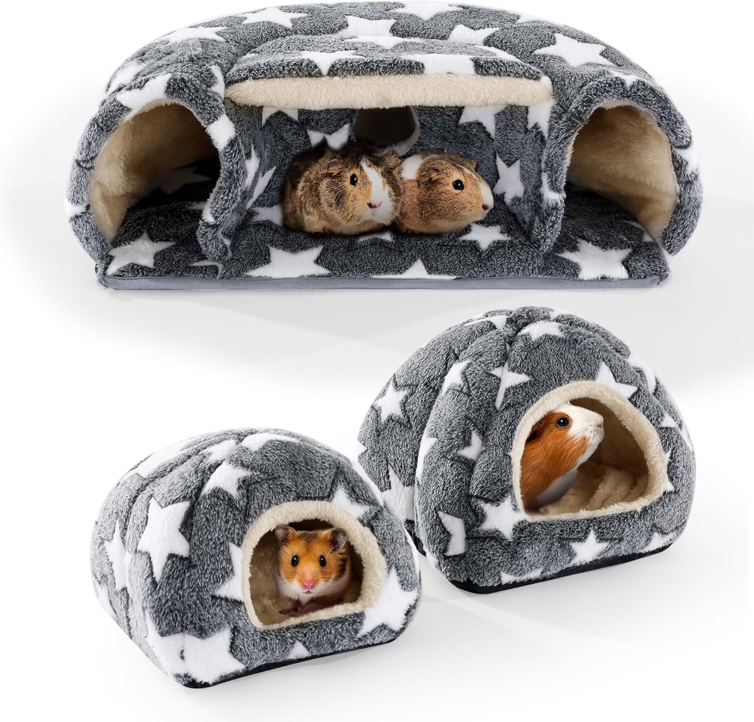 MABOZOO 3 Pack Guinea Pig House Accessories, 2 Cozy Guinea Pig Bed and Hideout Tunnel, Chinchillas Hideout for Hamster, Rabbit, Bunny, Chinchillas (Gray)