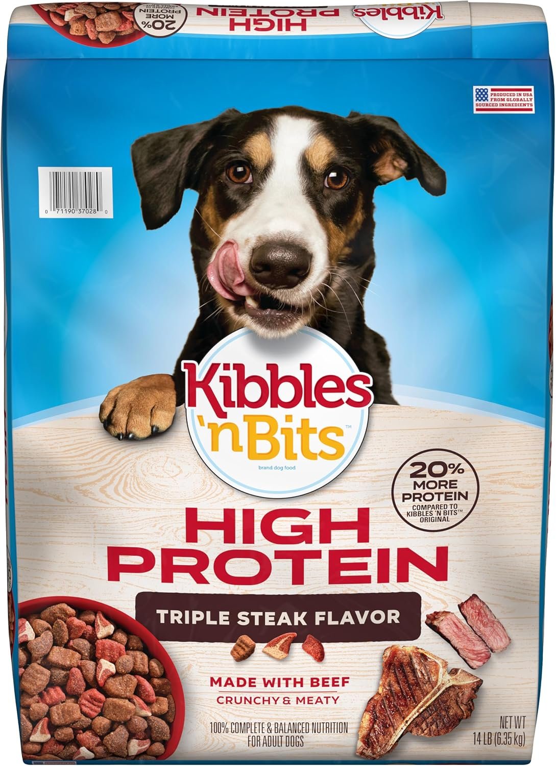 Kibbles ‘n Bits Triple Steak Flavor Dry High Protein Dog Food, 14 lb. Bag