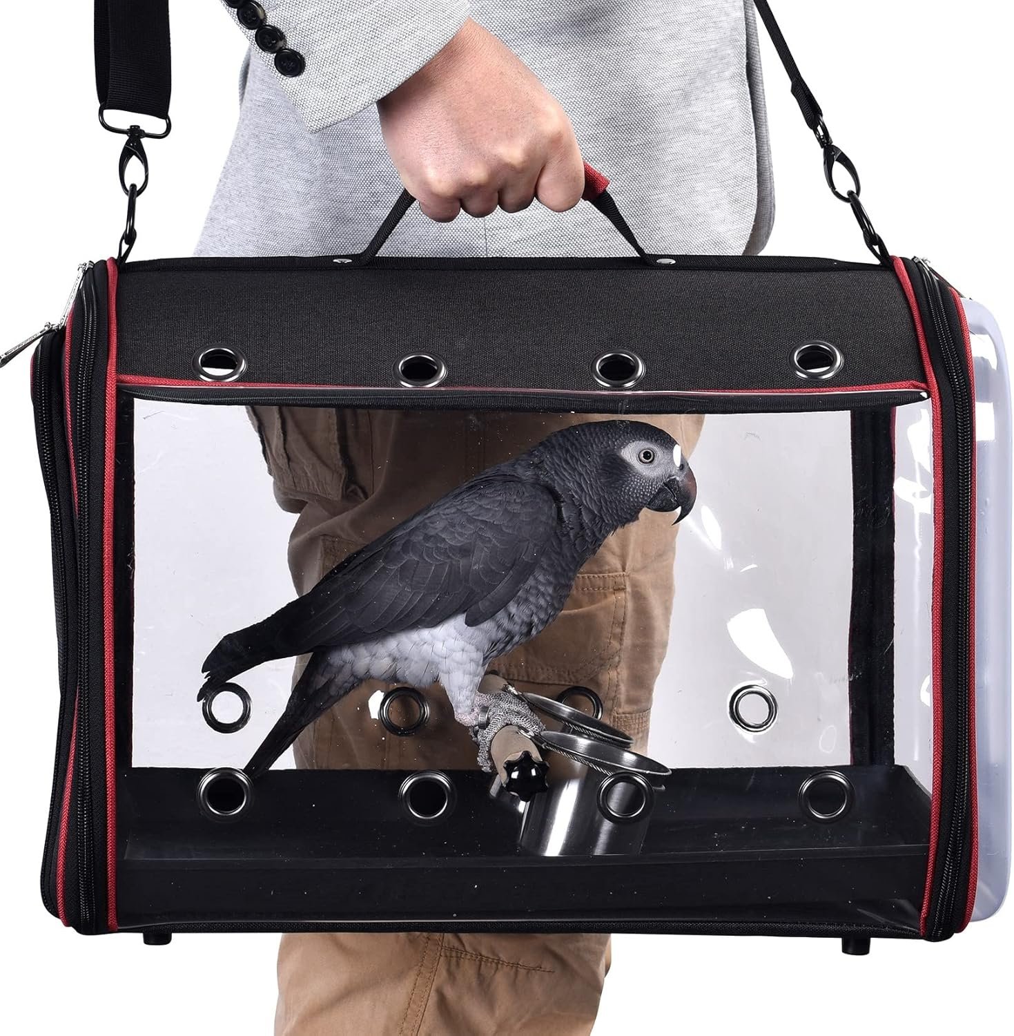 Colorday Lightweight Bird Carrier Travel Cage, Large 19x12x13 inch | For Travelers, Parrot Feeder Cups Included, Standing Perch Included, With Tray, Black