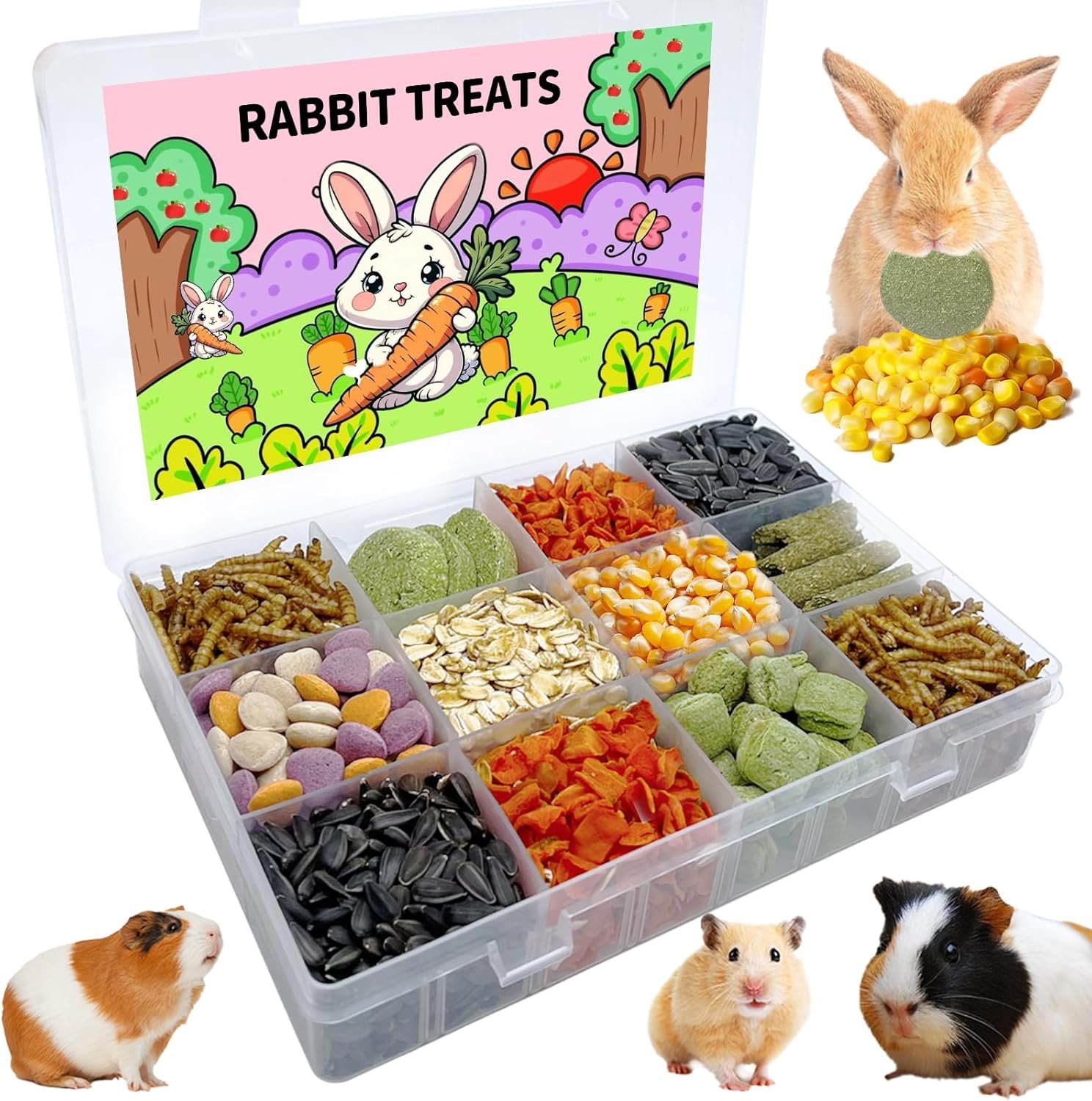 Rabbit Treats Guinea Pig Treats Hamster Treats Box with 12 Grids for Small Animal, Combination of Natural Grains and Vegetable.(Medium)