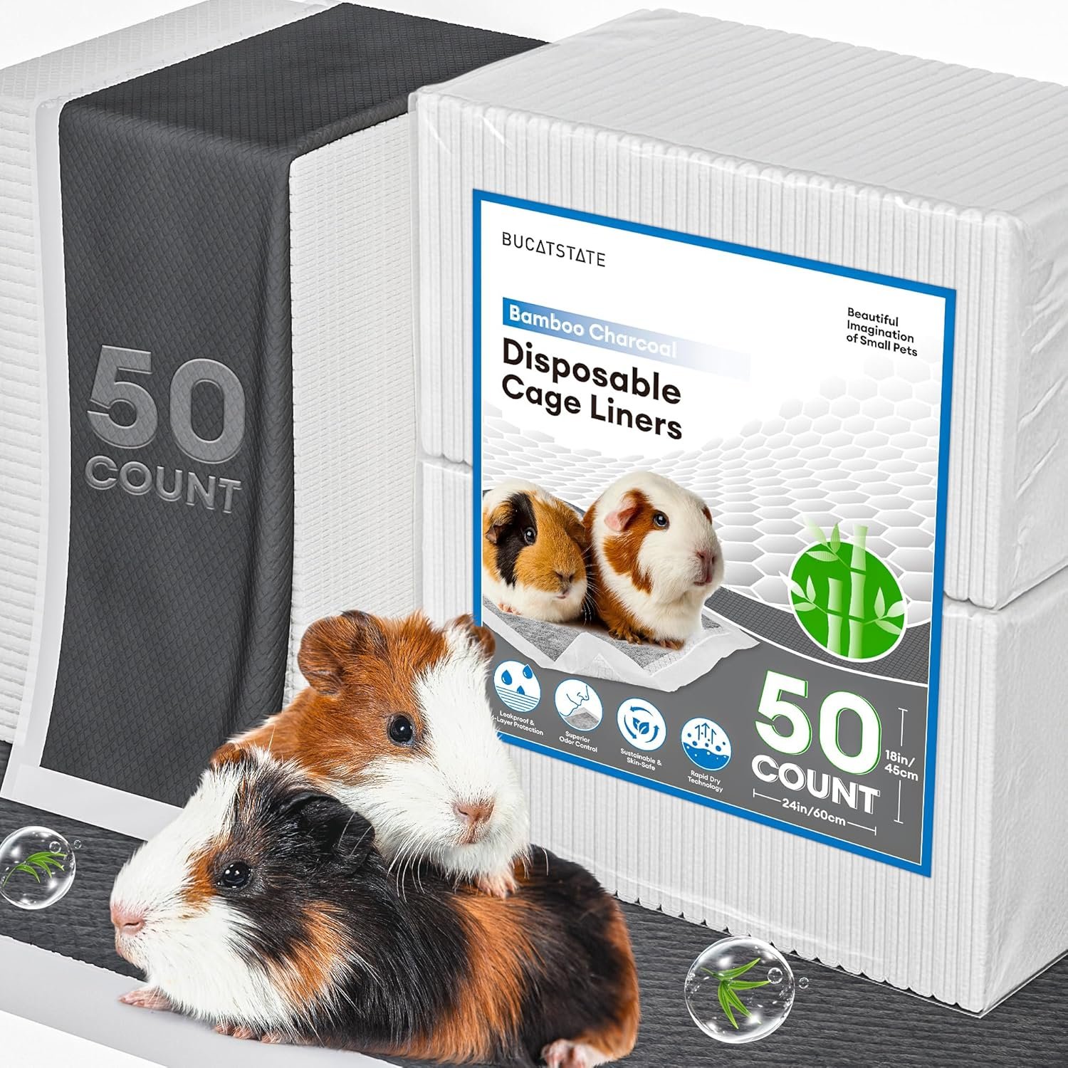 BUCATSTATE 50 Count Disposable Guinea Pig Cage Liners, Super Absorbent Guinea Pig Bedding, Bamboo Charcoal Odor Control Pee Pads for Rabbits, Ferrets and Small Animals (18”x24”)