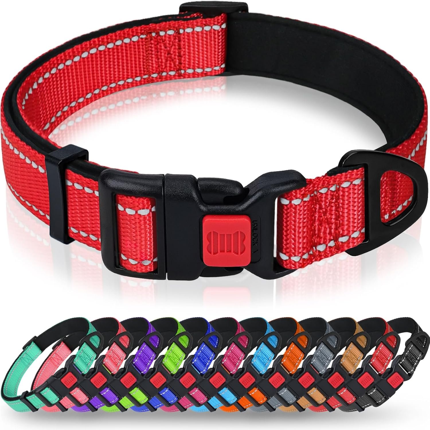 Taglory Reflective Dog Collar for Large Dogs, Soft Neoprene Padded with Escape-Proof Locking Buckle, Upgraded Zinc Alloy Ring, Adjustable for Pitbull Labrador Retriever, Red,L