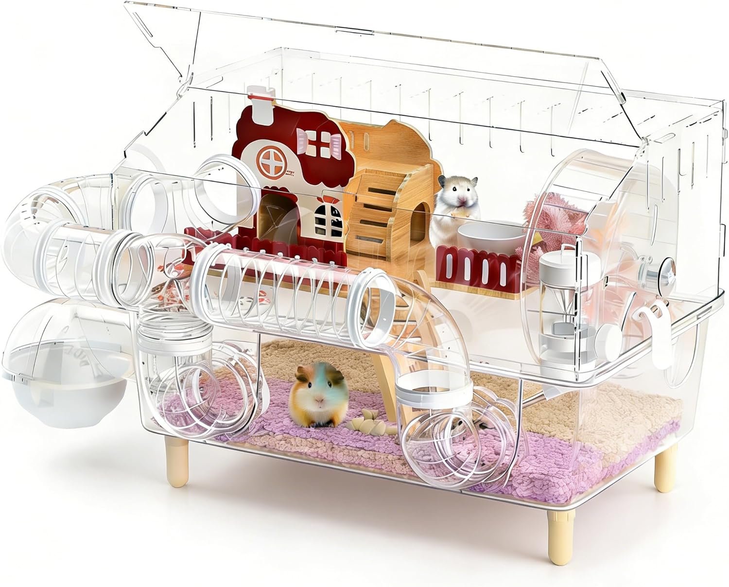 Acrylic Hamster Cage,8 in 1 Gerbil Cage with 360° Panoramic View,Top Open Mouse Cage with Tubes for Pet Mice,Dwarf Hamster,Gerbils (17.7″x13″x11.8″)