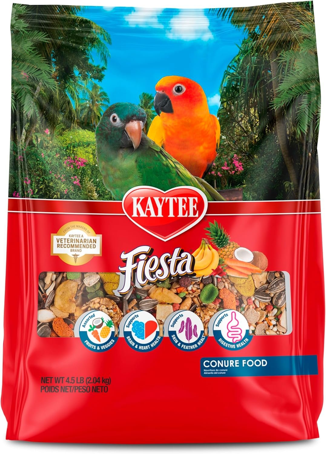Kaytee Fiesta Conure Food, Nutritious and Fun Blend, Supports Skin, Feather, Digestion, Brain and Heart Health, 4.5 pounds