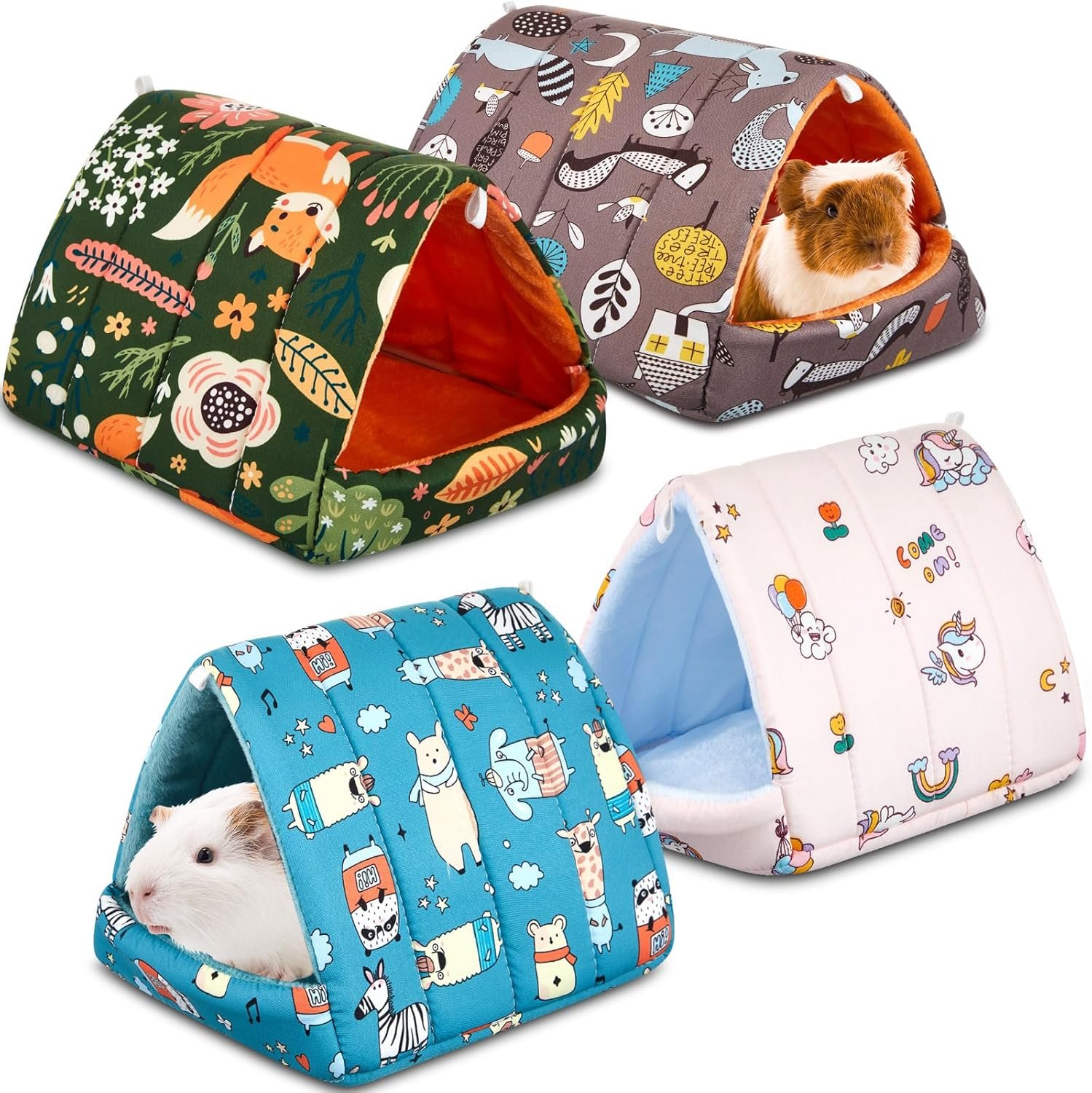 Cinnvoice 4 Pcs Guinea Pig Hideout, Guinea Pig Bed Tunnel, Rabbit Washable Small House Cage Accessories for Bunny Hedgehog Mouse Chinchillas Hamsters Ferrets Bearded Dragons Rats(Forest,7.9 in)