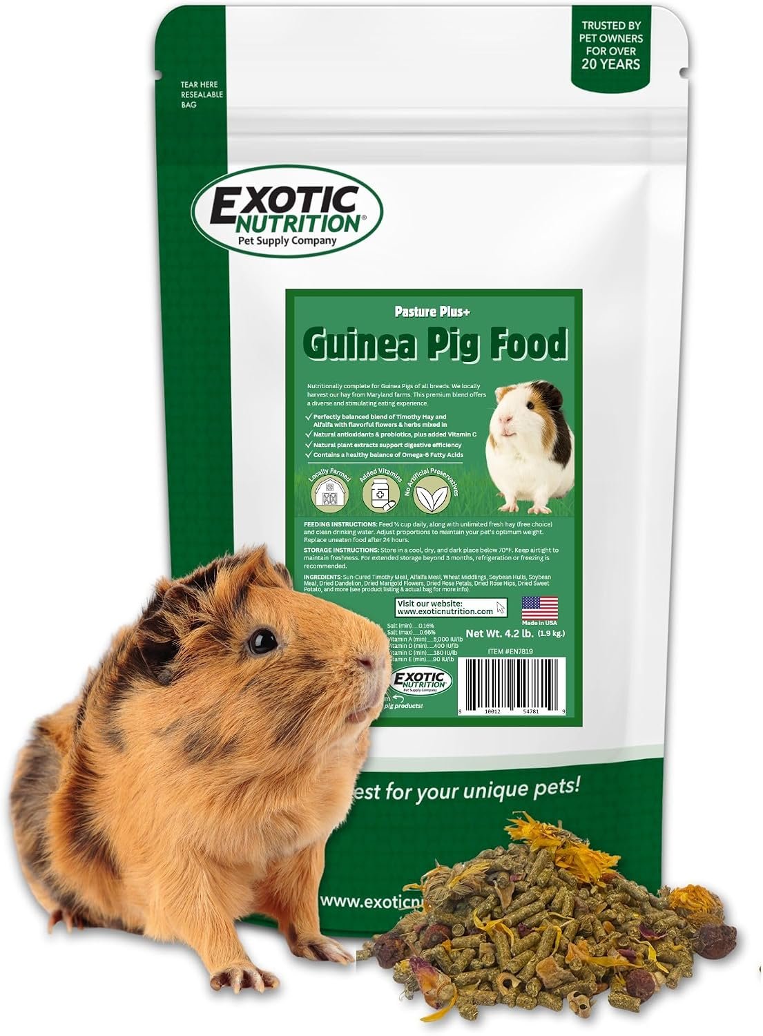 4.2 LB Guinea Pig Food – Pasture Plus+ Series – Nutritionally Complete Natural Healthy Pellet Diet – for Pet Guinea Pigs