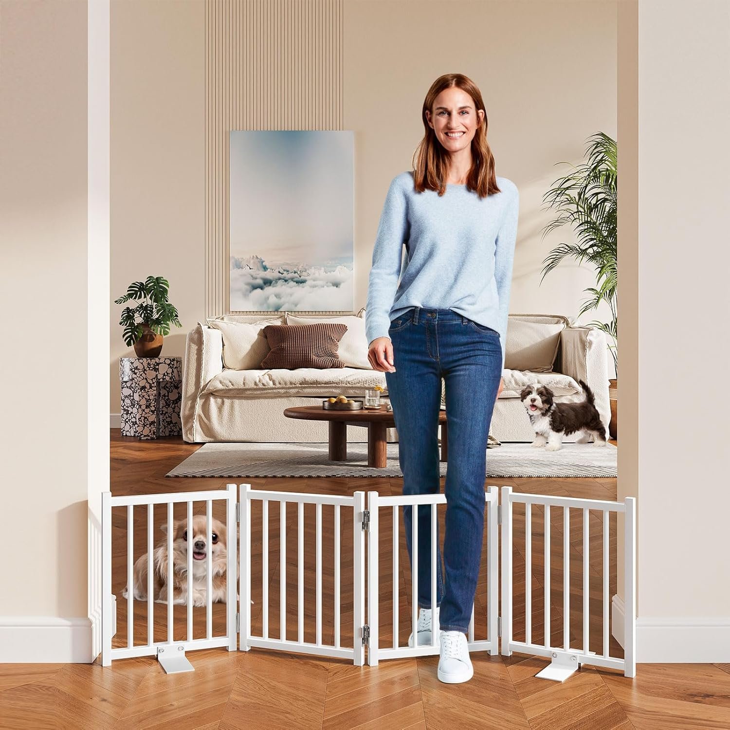 Snughome Short Dog Gate Indoor, 16″ High Freestanding Small Dog Door Gates with Support Feet, Expands Up to 48’’ Wide Foldable Pet Gate for Doorway, 4 Panel Folding Pet Door Pet Fence for Puppy, White