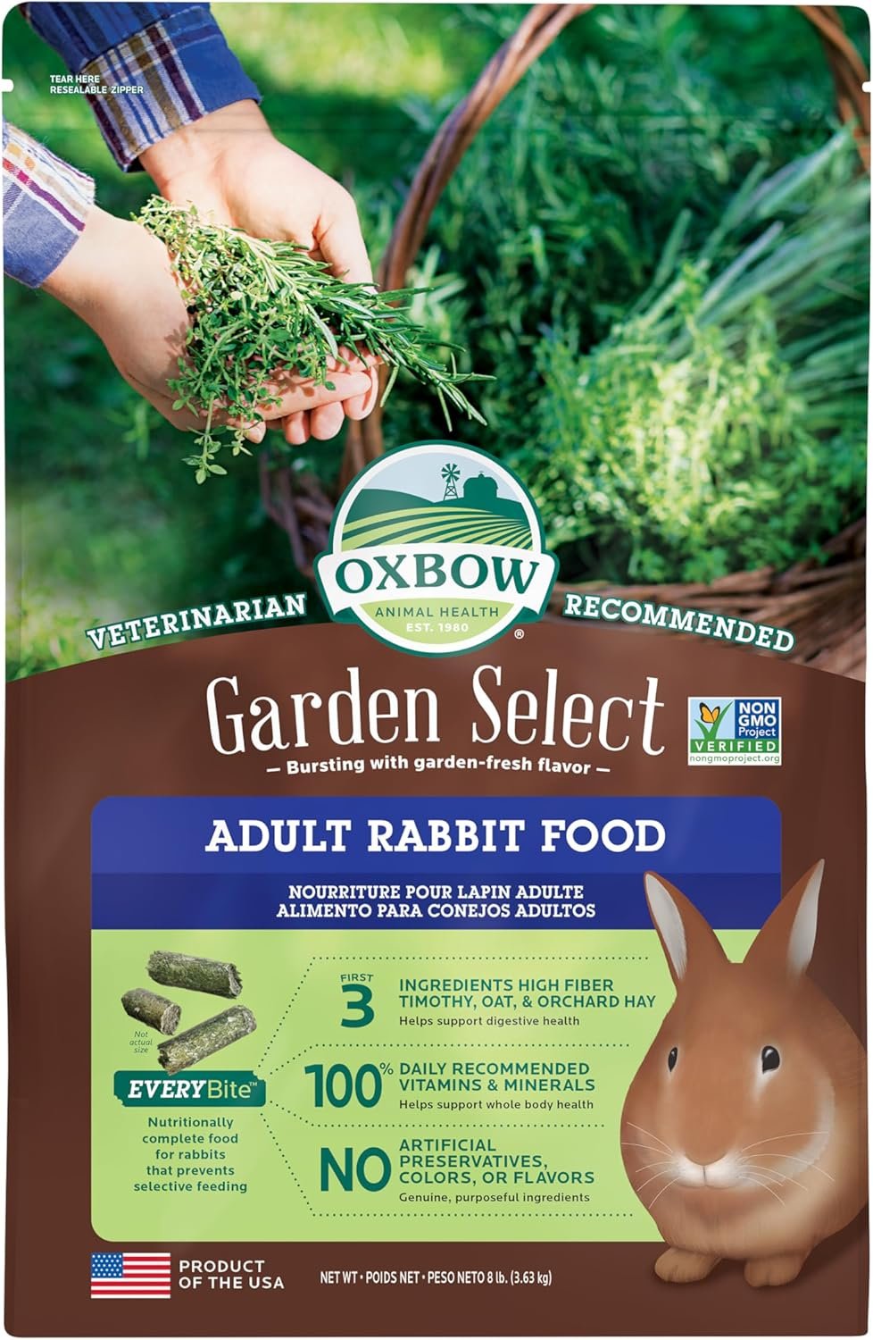 Oxbow Garden Select Rabbit Food, Adult, Made with Oxbow Timothy Hay for Rabbit, Bunny Food Pellets, Non-GMO, No Soy or Wheat, Small Animal Pet Products, Made in USA, High Fiber, 8 lb. Bag
