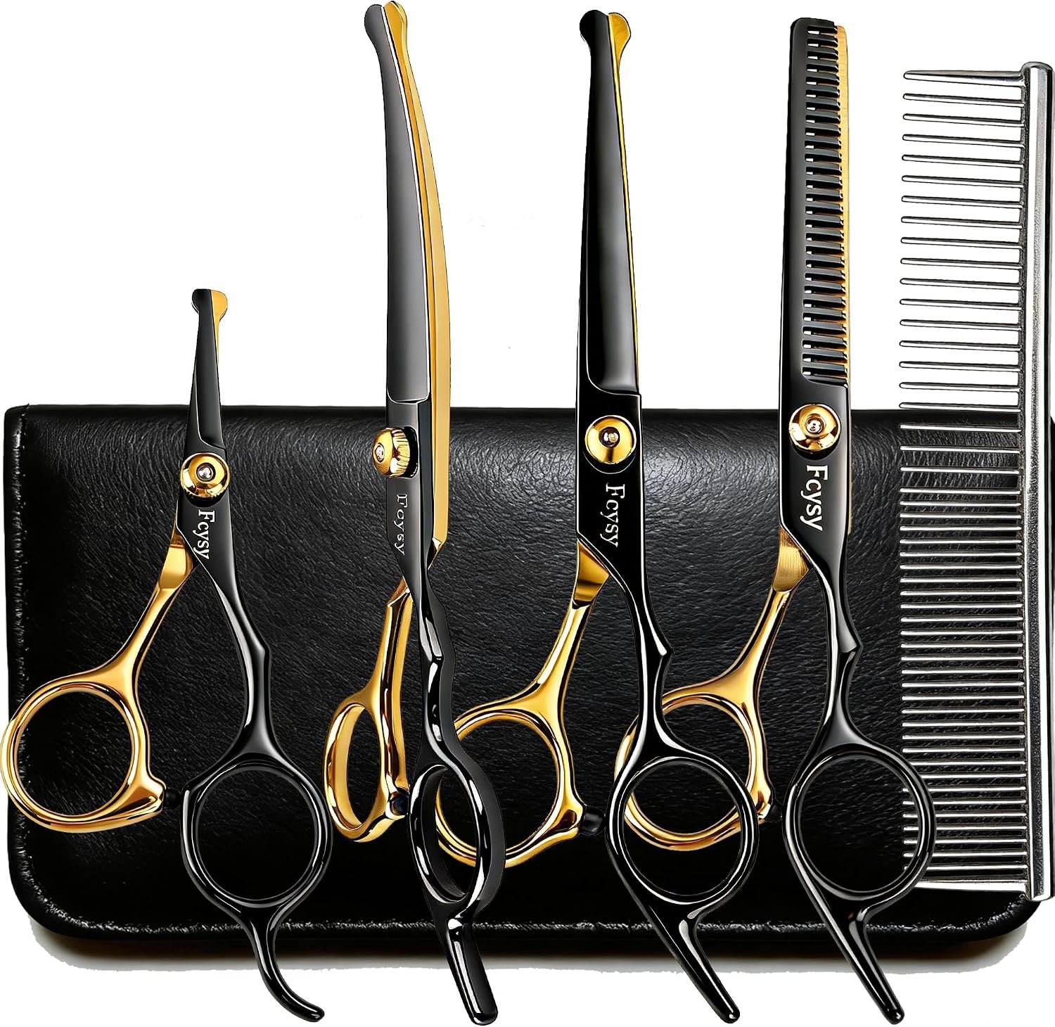 Dog Grooming Scissors Kit, Fcysy Professional Pet Shears for Cats at Home, Dog Grooming Tools with Curved & Straight Blades Scissors Thinning Shears Pet Supply Set