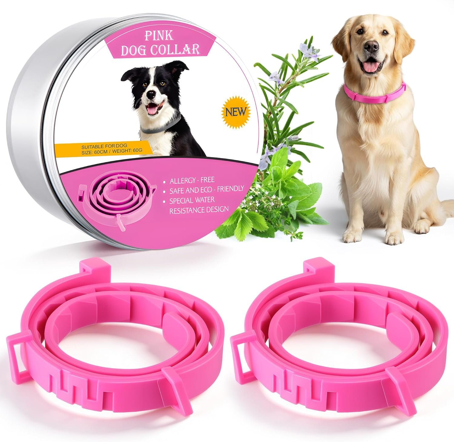 Flea and Tick Collar for Dogs, Dog Collars with Natural Essential Oils, Waterproof, Adjustable Size for Small Medium and Large Dog, Flea Prevention and Tick Control for Puppies(2 Pack,Pink)