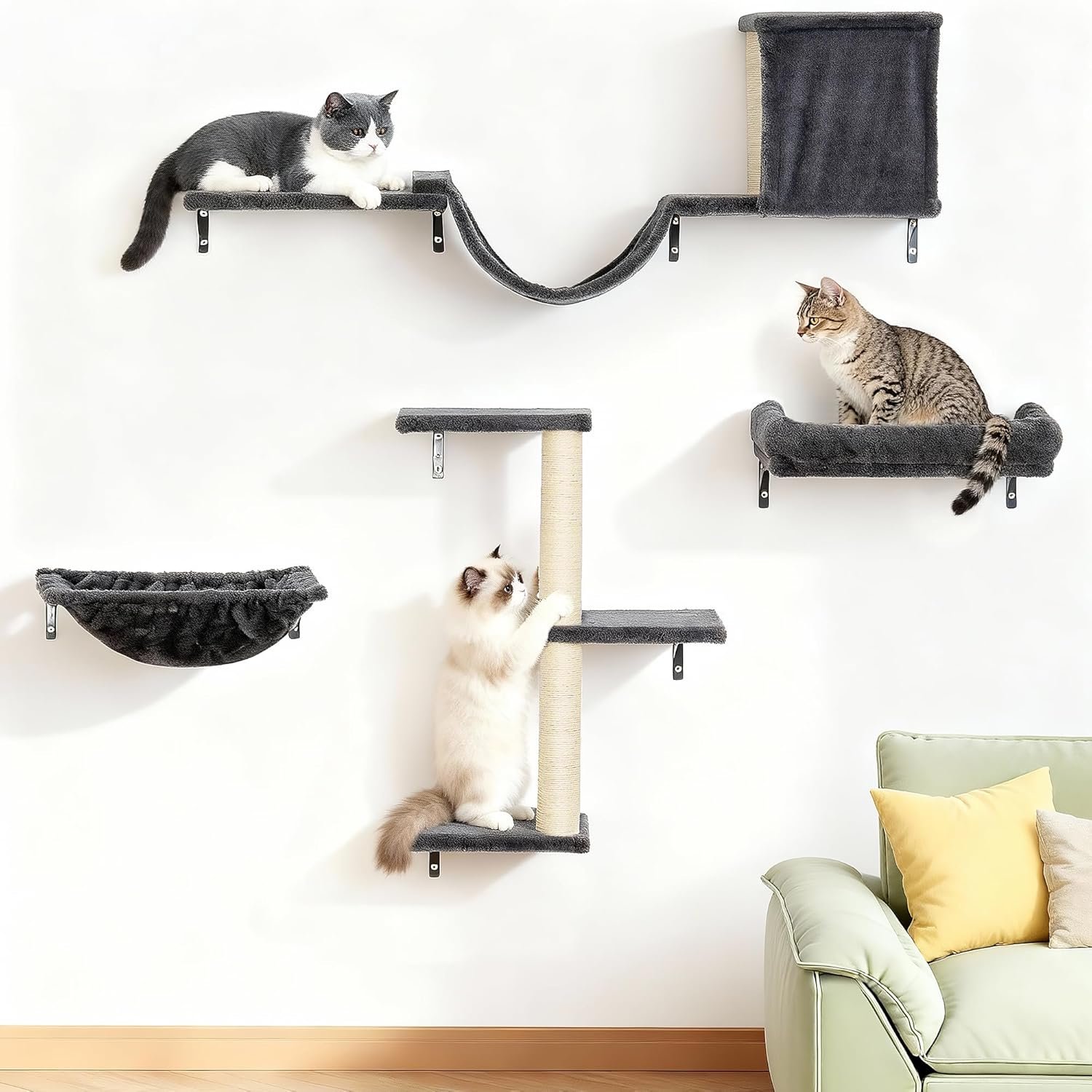 Aechonow Heavy Duty Cat Wall Shelves for Indoor Cats Large Adult, 17” Large Hammock and Perch Bed for Wall, 5-in-1 Wall-Mounted Cat Climbing Set for Multi-Room Use