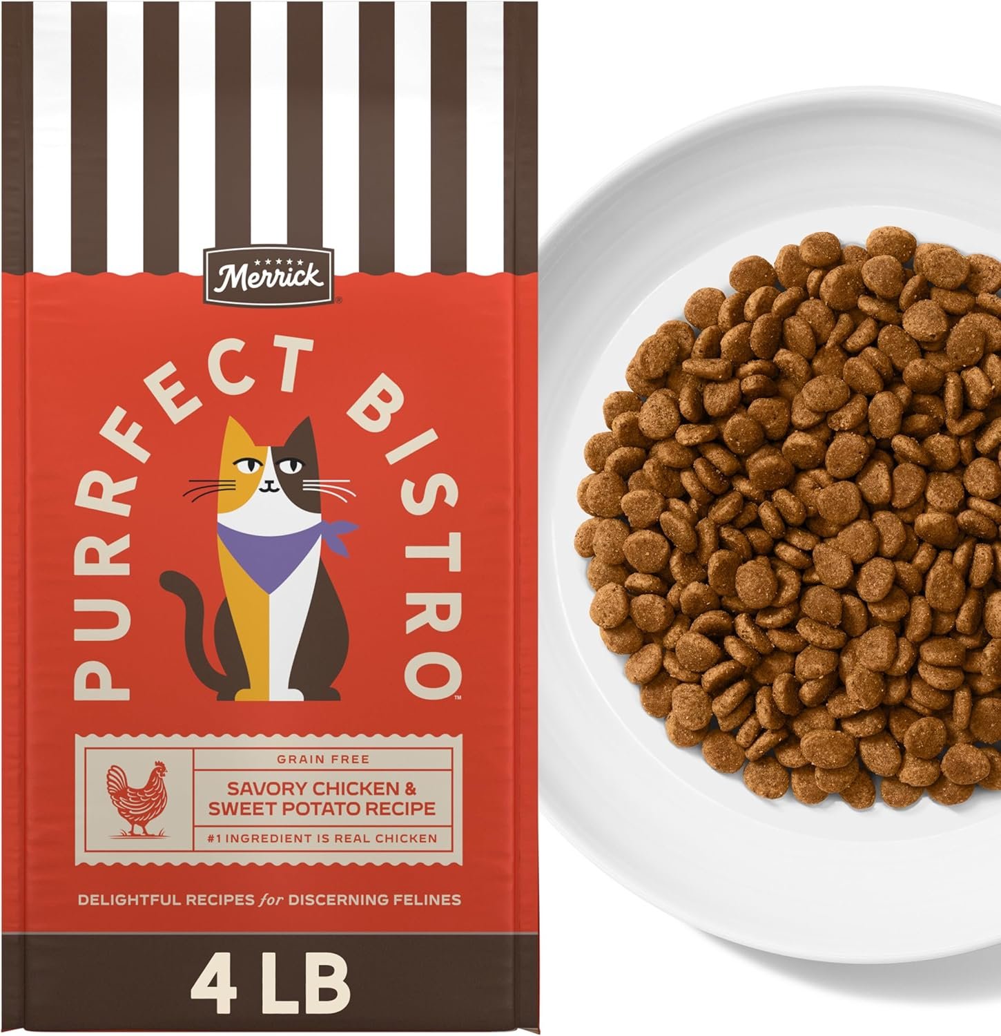 Merrick Purrfect Bistro Grain Free Chicken and Sweet Potato Recipe Natural Dry Cat Food for Adult Cats, High Protein, Outdoor or Indoor Cat Food – 4 lb. Bag