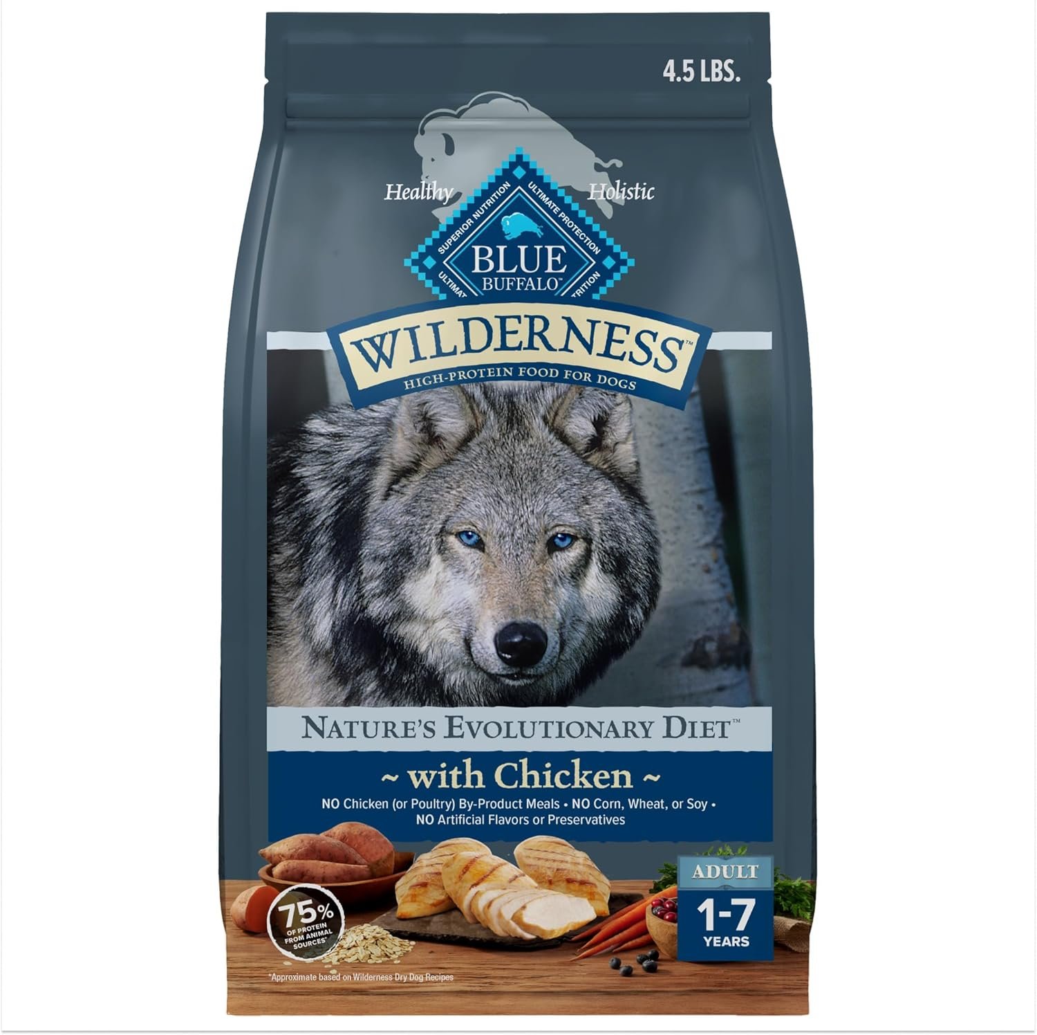 Blue Buffalo Wilderness Chicken Adult Dry Dog Food with Wholesome Grains + Antioxidant-Rich Fruits & Veggies, 34g Protein, Vibrant Energy for an Active Life, Made with Natural Ingredients, 4.5 lbs.