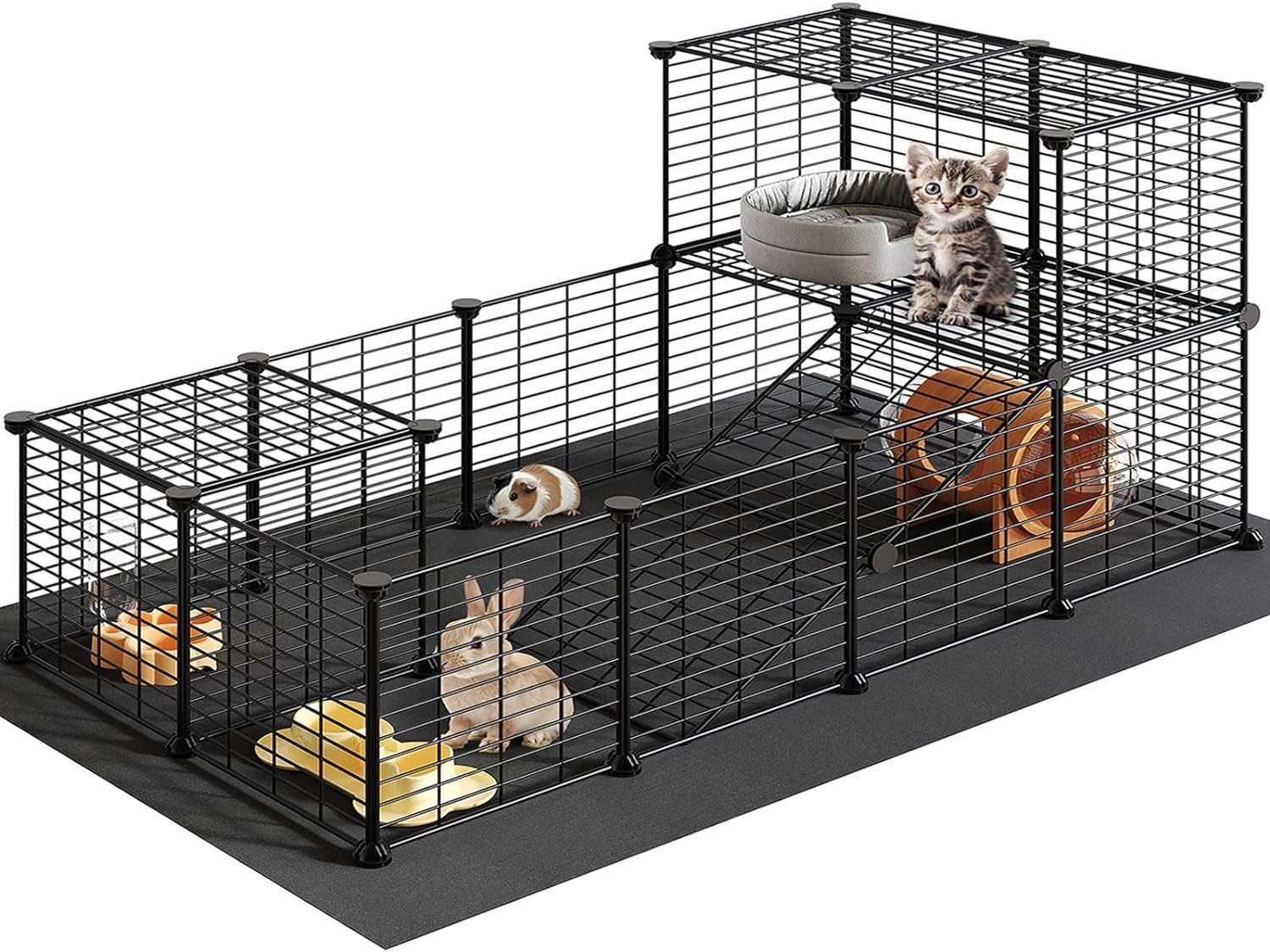 HOOBRO 24 Panels Guinea Pig Cage with Waterproof Mat and Ramp, 57″ x 31.5″ x 23.6″ Loft Design Small Animal Playpen, Rabbit Cage, Bunny Cage, Pet Playpen, Indoor Outdoor Yard Fence, Black BK03PP03