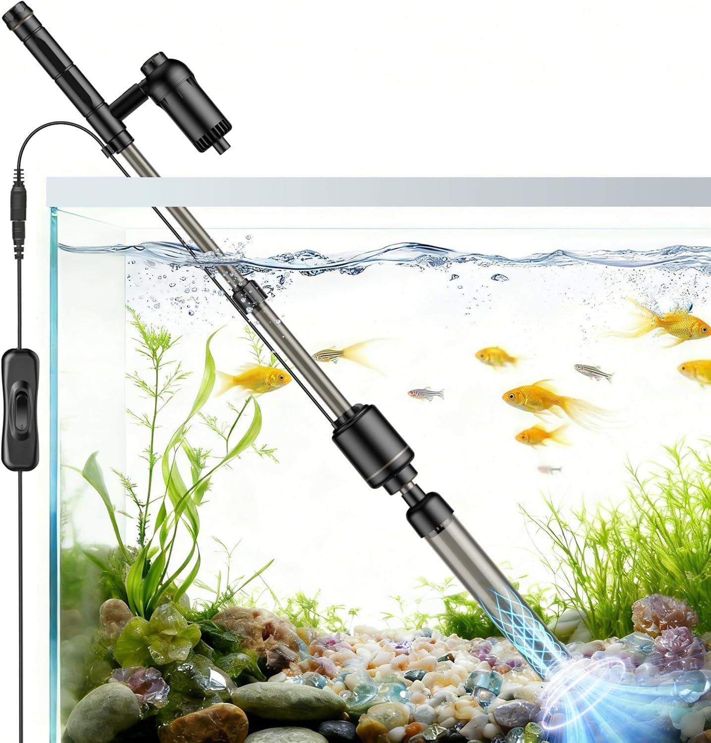 AKKEE Aquarium Vacuum Gravel Cleaner, 18W Electric Fish Tank Cleaner Vacuum, 6 in 1 Multifunctional Aquarium Cleaner for Automatic Water Change, Wash Sand, Water Circulation and Timed Off，Black