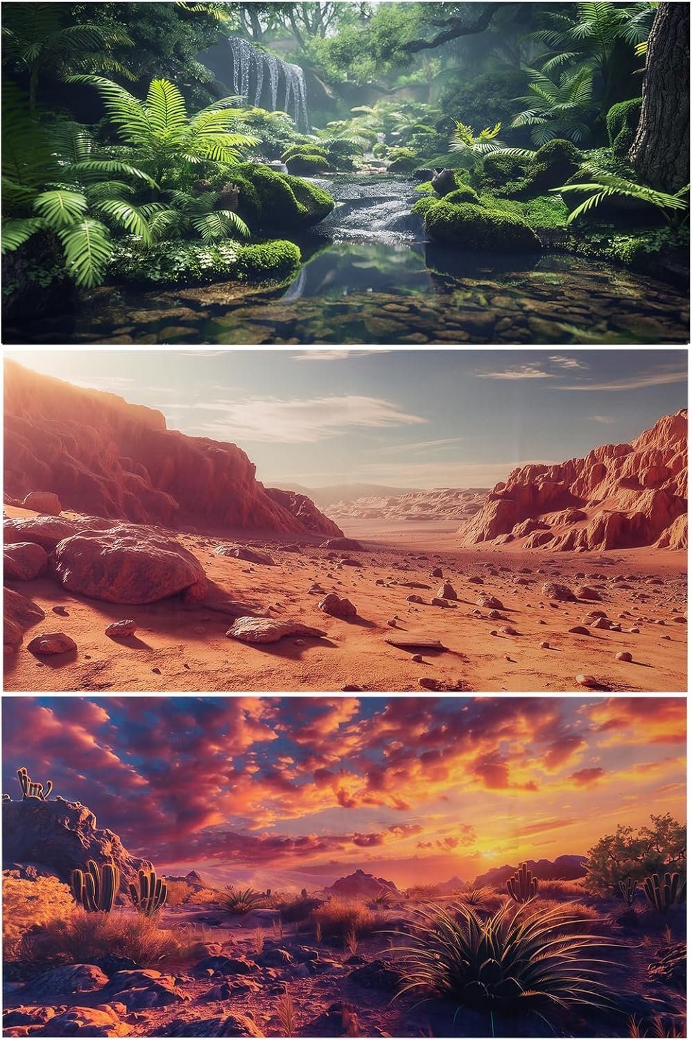 COMSUN 3 Pack Terrarium Background, 36×18 inches Polyester Reptile Background, Cloth Terrarium Backgrounds, Gobi Sunshine Cactus Stone & Green Tree Fern Stream Backgrounds