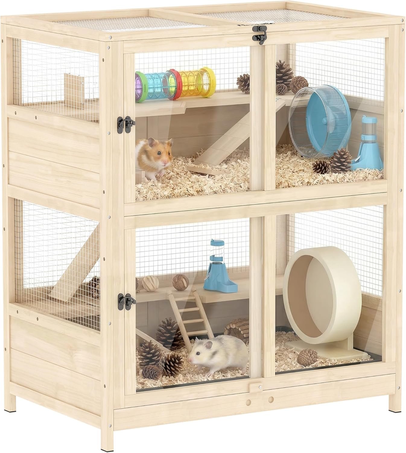 PawHut Wooden Hamster Cage, 4 Tier Small Animal Cage with Mesh Flip Roof, Pull-Out Tray, Huts, Seesaws, Ramps and Water Bottles, Hamster Habitat for Dwarf Syrian Mice Gerbil, 33″ x 21″ x 36″