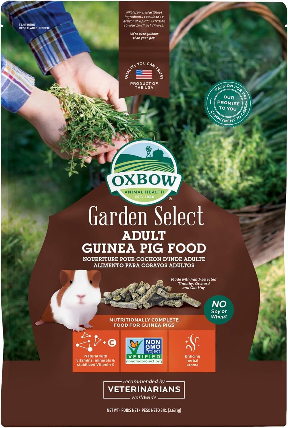 Oxbow Garden Select Guinea Pig Food, Adult, Made with Oxbow Timothy Hay for Guinea Pig, Pet Food Pellets with Vitamin C, Non-GMO, Small Animal Pet Products, Made in USA, High Fiber, 8 lb. Bag