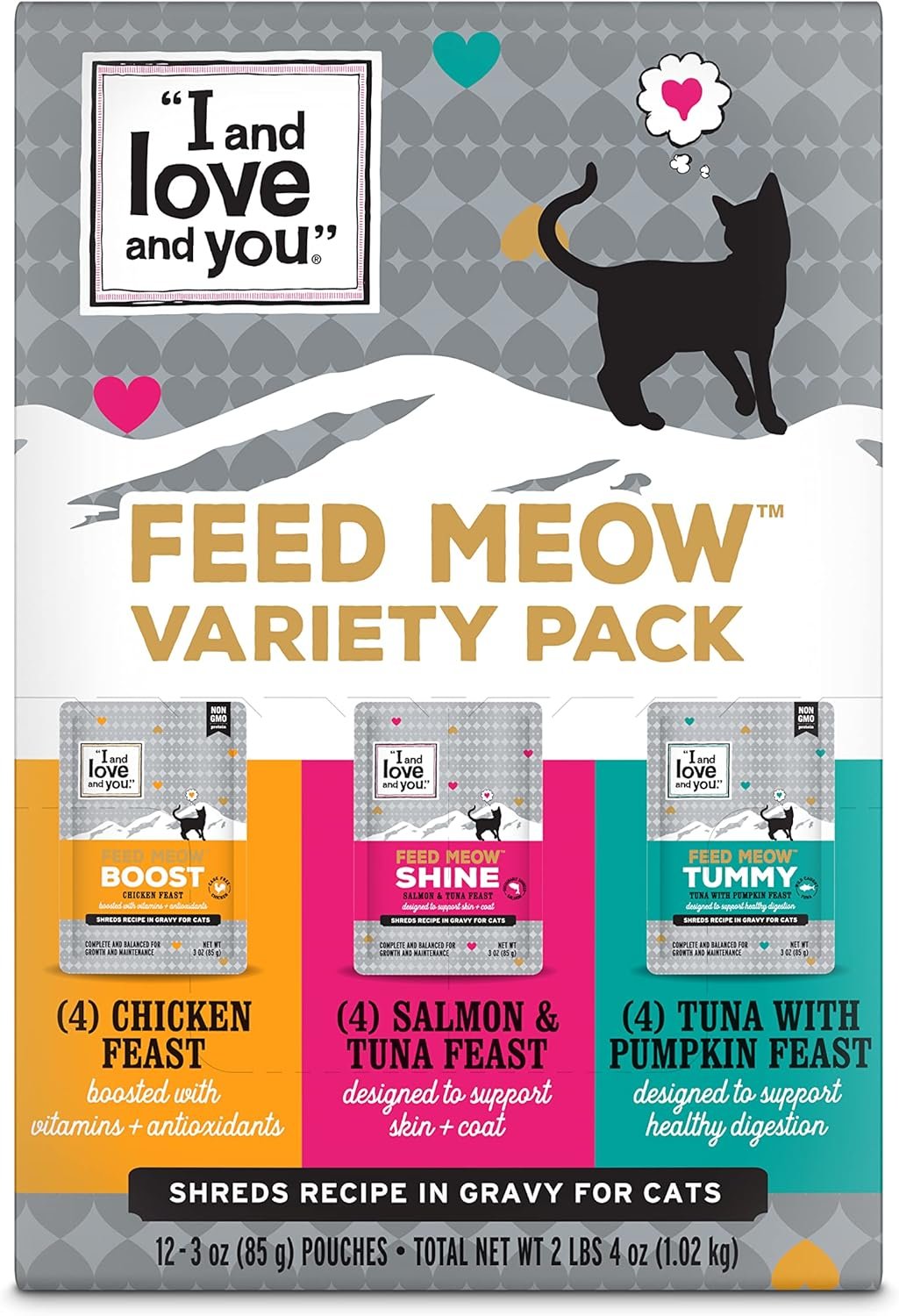 I AND LOVE AND YOU Feed Meow Variety Pack – Salmon, Chicken, Tuna – Grain Free, Shredded, No Fillers 3oz Pack of 12