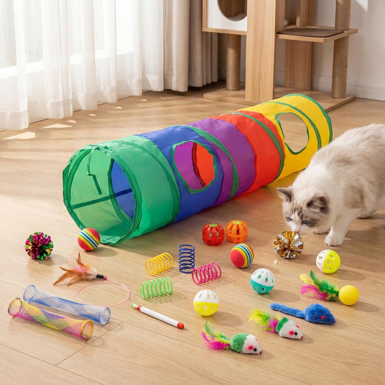 iCAGY 25 Pcs Cat Toys for Cats, Indoor Kittens – Interactive Variety Pack, 45 inches Rainbow Cat Tunnel, Feather Teaser, Feather Golf, Mice, Springs, Balls, Noise Toys – Rainbow/Colorful 45″