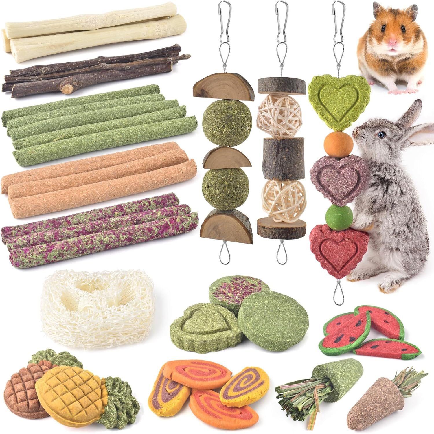 KATUMO Rabbit Chew Toys with 3 Types of Strung Hanging Toys, Natural Bunny Teeth Care Chew Kit Apple Wood Sweet Bamboo Grass Timothy Sticks for Guinea Pig, Hamster, Chinchilla, Small Animals