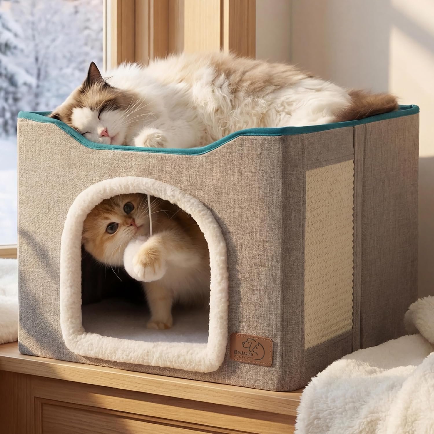 Bedsure Cat Beds for Indoor Cats – Large Cat Cave for Pet Cat House with Fluffy Ball Hanging and Scratch Pad, Foldable Cat Hideaway, 16.5×16.5×13 inches, Grey