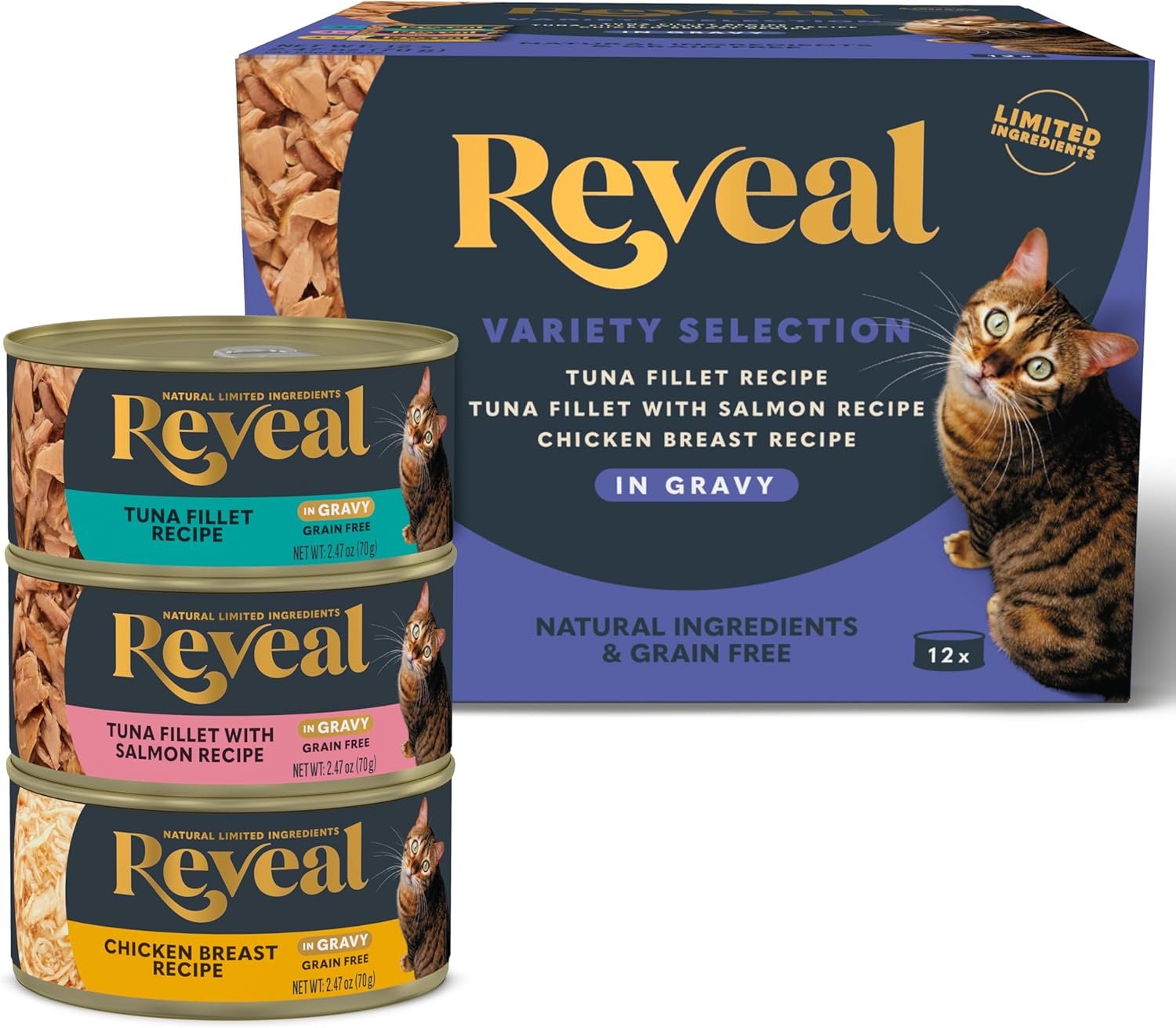 Reveal Natural Wet Canned Cat Food, Limited and Natural Ingredients, Grain Free, High Protein with No Artificial Additives, Fish and Chicken Variety in Gravy, (12 x 2.47 oz Cans)